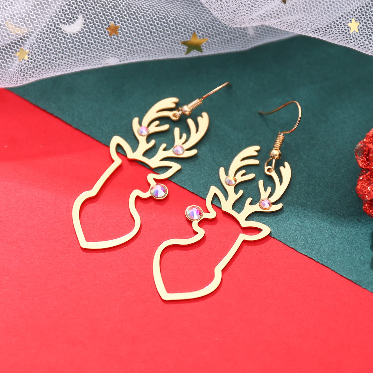 Festive Christmas Reindeer Earrings for Women - Rhinestone Drop Dangle Holiday Jewelry | Xmas Party Accessories & Gift Ideas