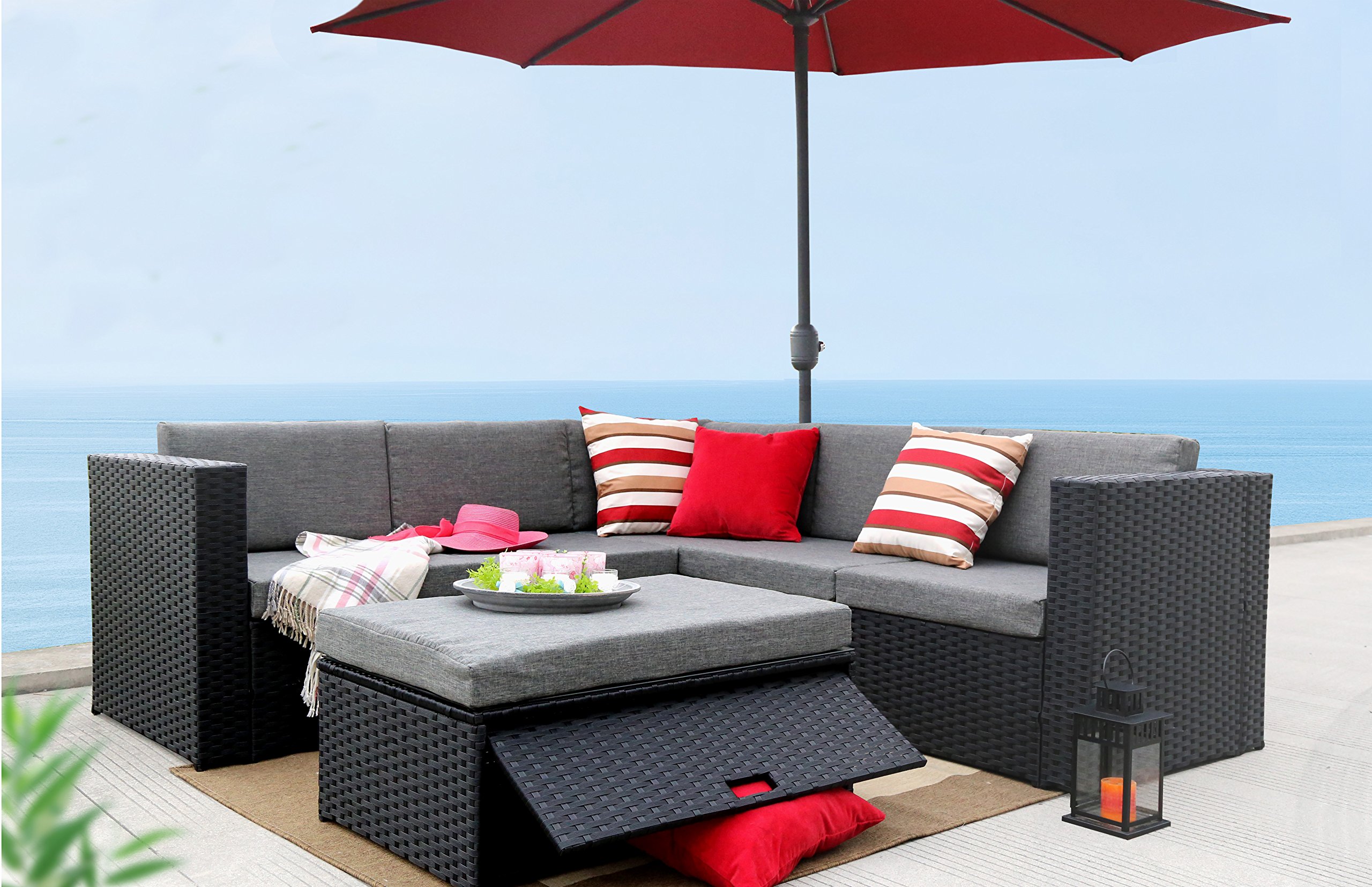 4-Piece L-Shaped Outdoor Patio Sectional Sofa Set - Wicker Rattan Garden Corner Couch - Black - Perfect for Backyard, Poolside & Patio Relaxation
