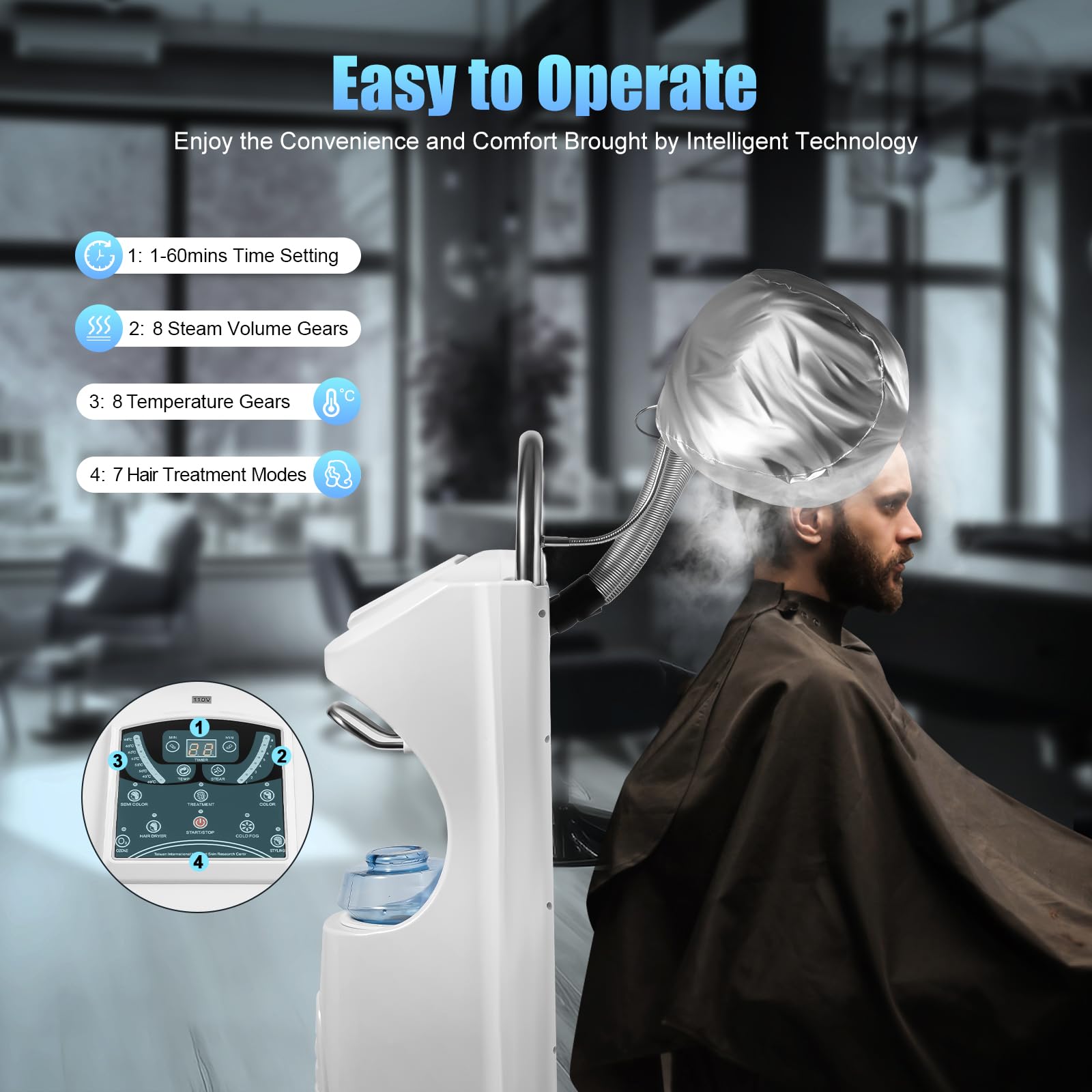 7 in 1 Professional Hair Steamer Dryer with Orbiting Rollerball & Rolling Base - 110V Hooded Hair Treatment Machine for Perming, Coloring & Styling | Salon & Home Use for Deep Conditioning & Hair Care