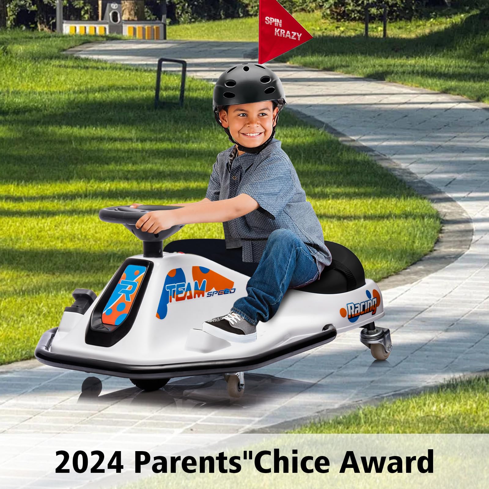 GARVEE 360° Rotating Electric Ride-On Drift Kart for Kids - 24V Battery Powered, Adjustable Speed, LED Flashing Lights, Music & Flag - Perfect for Indoor/Outdoor Play, Backyard Racing & Birthday Gifts