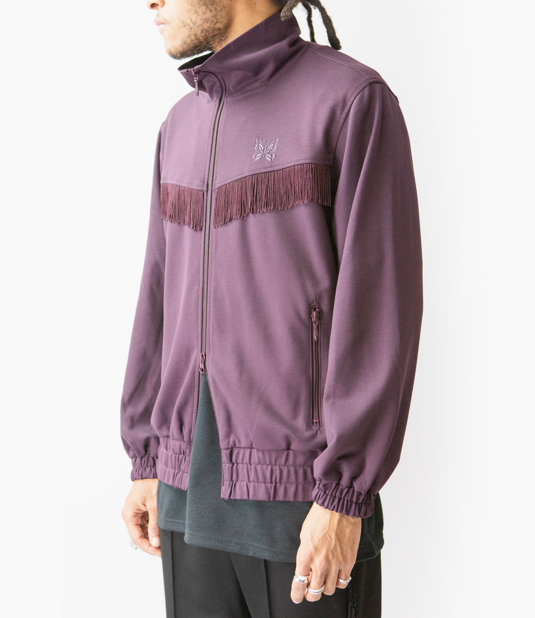 Stylish Purple Rayon Jersey Fringe Track Jacket - Women's Fashion Athletic Wear for Running, Yoga & Casual Outfits