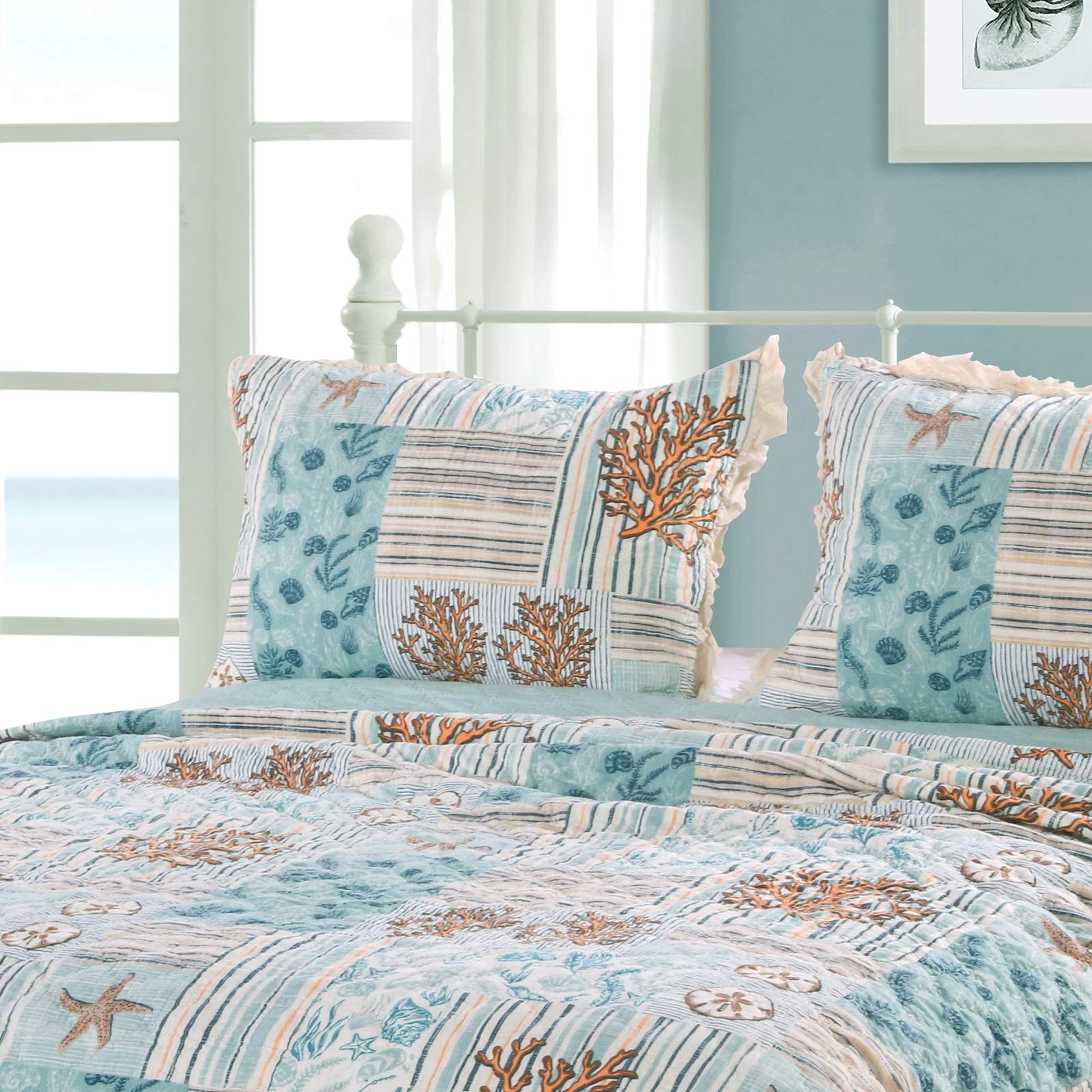 Greenland Home Key West King Size Pillow Sham - Soft Seafoam Blue Decorative Pillow Cover for Coastal Bedroom Decor, Beach House Styling & Guest Room Accent