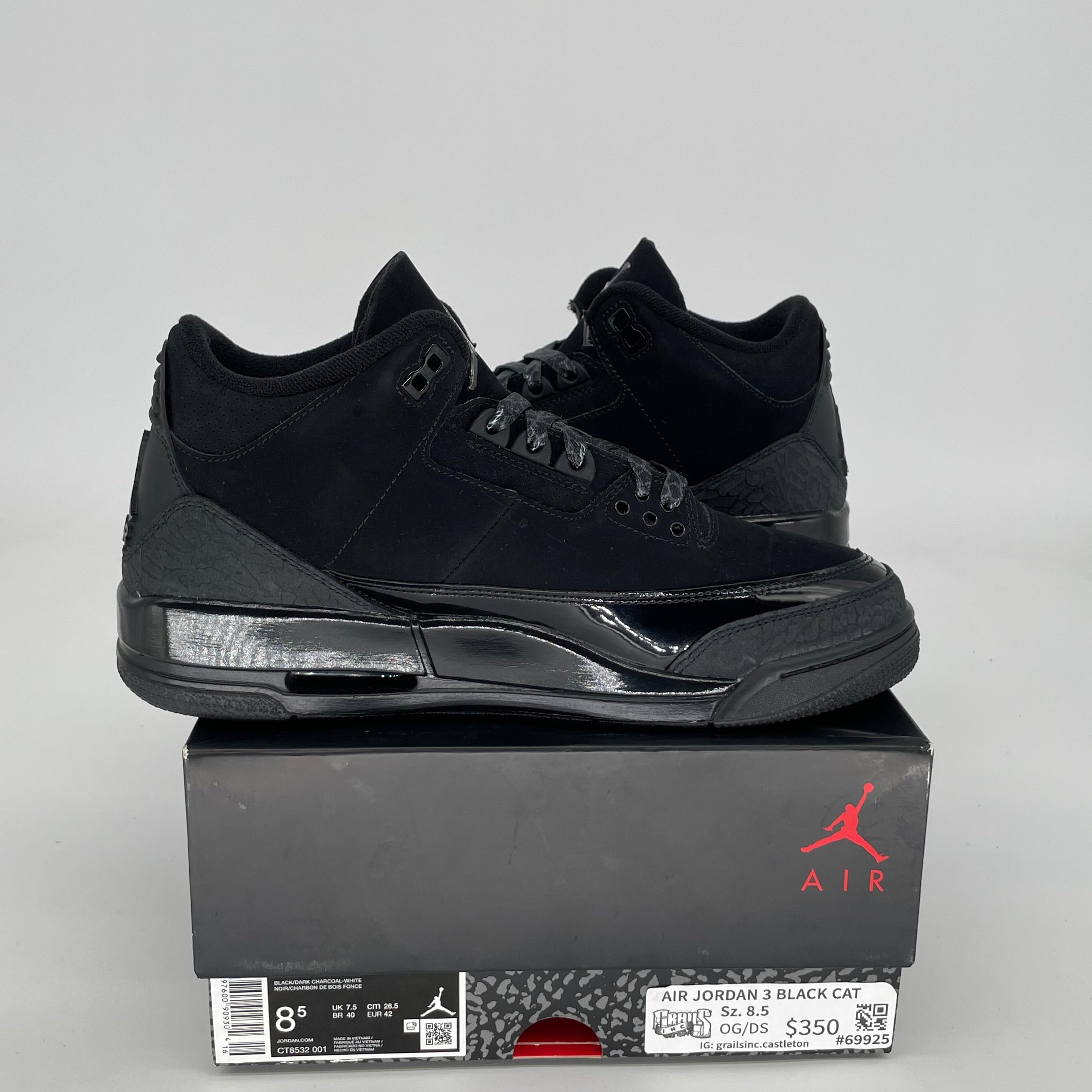 Original Air Jordan 3 Retro 'Black Cat' Men's Basketball Shoes Size 8.5 (CT8532-001) - Stylish Sneakers for Streetwear & Casual Outfits
