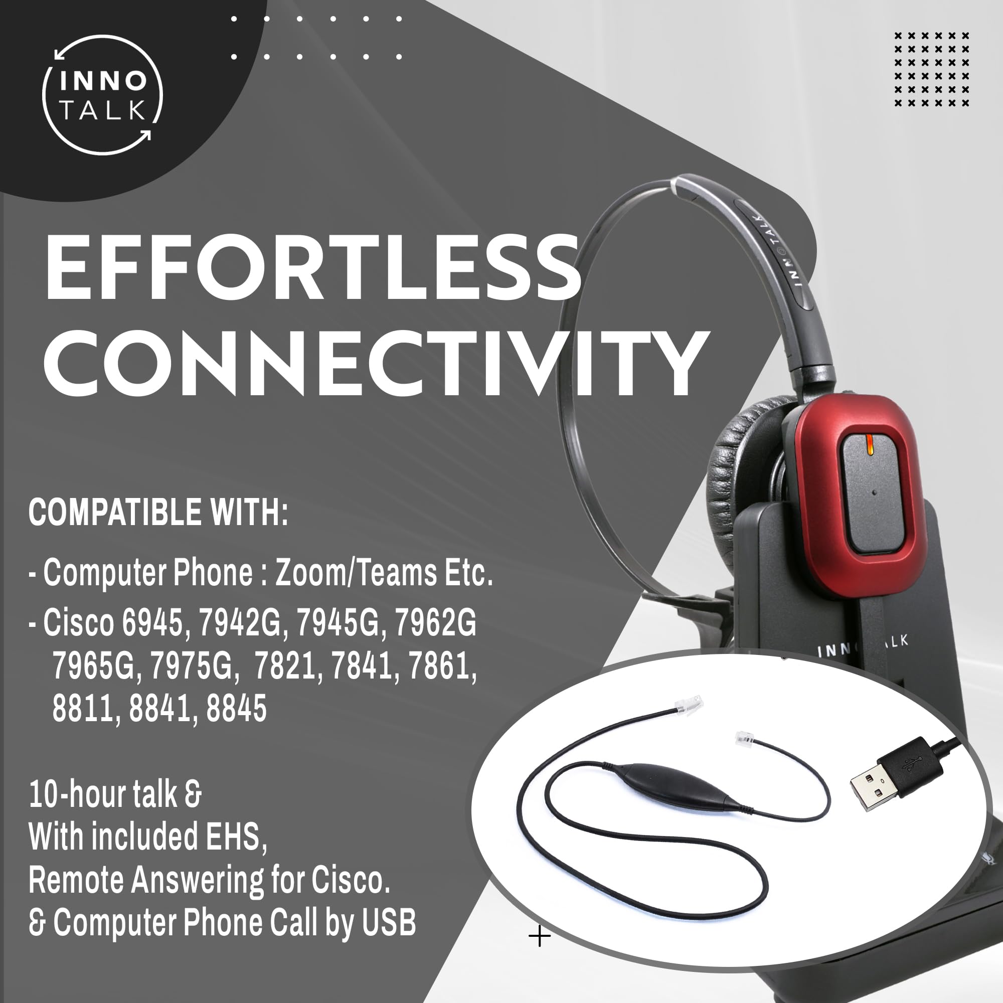 INNOTALK Wireless Headset for Computer - Compatible with Cisco 6945, 7942G, 7945G, 7962G, 7965G, 7975G, 7821, 7841, 7861, 8811, 8841, 8845 Phones - Noise Cancelling Office Headset for Remote Work, Call Centers & Video Conferencing
