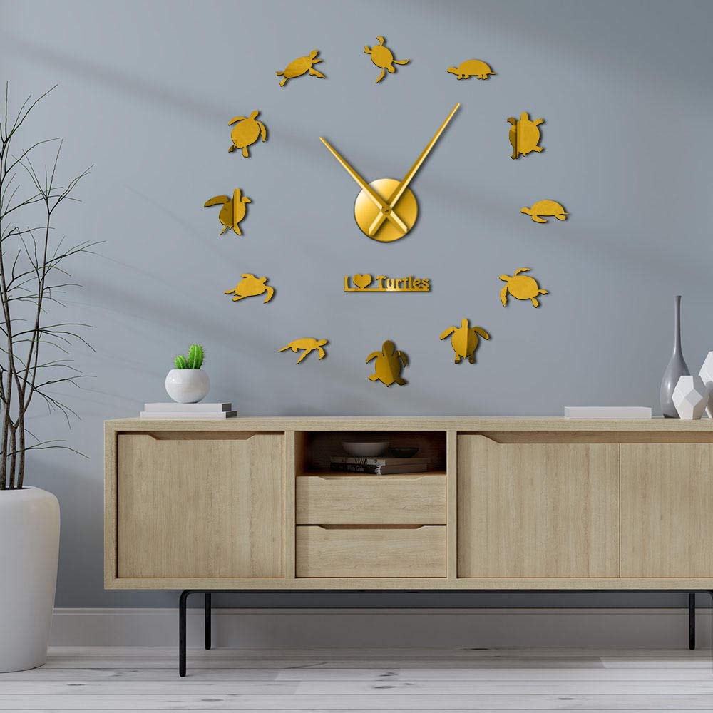 DIY Giant Sea Turtle Wall Clock - 37 Inch (90cm) Gold Silhouette Beach Decor for Living Room, Bedroom & Office | Large Sea Animal Wall Art Sticker