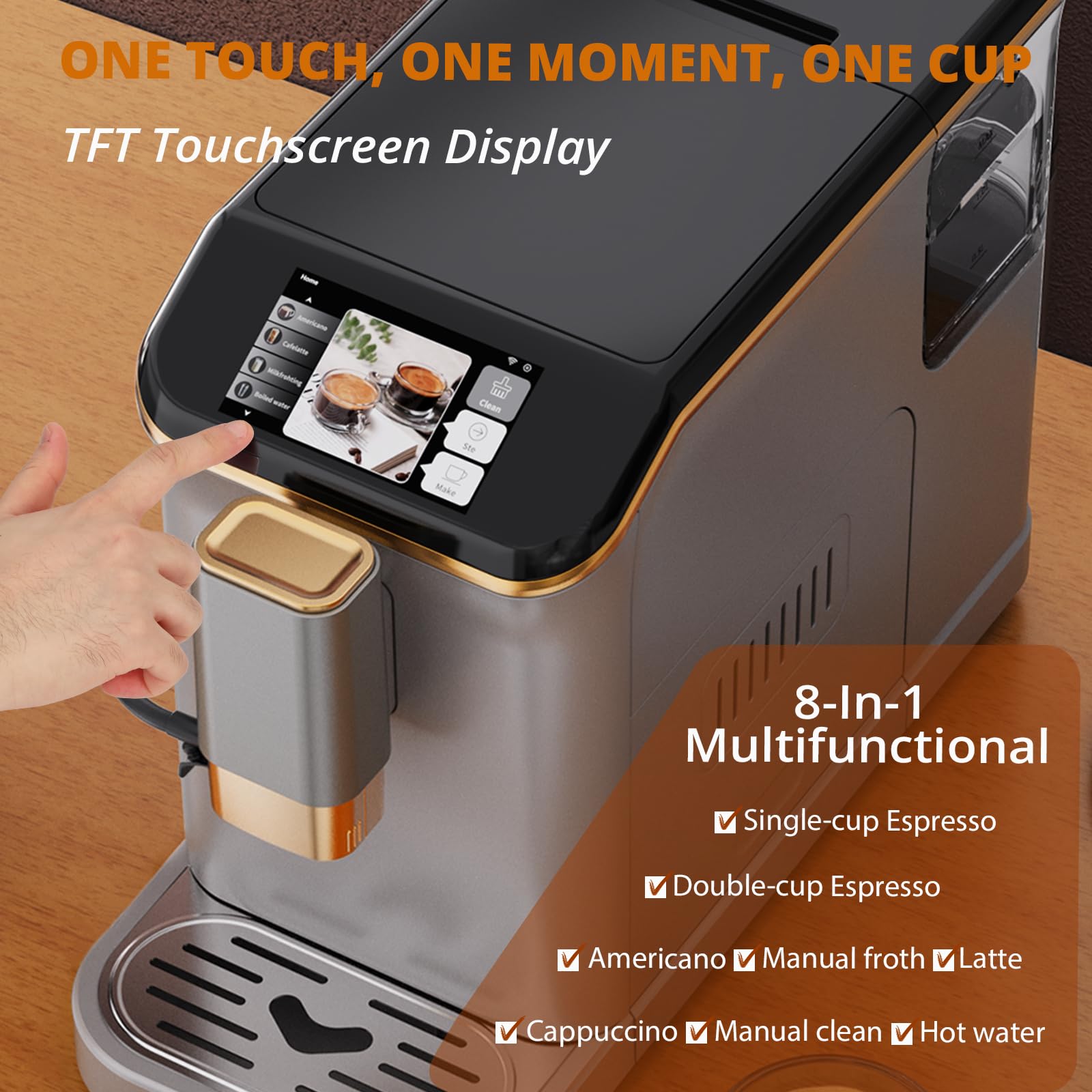 Automatic Espresso Coffee Machine with Built-in Grinder & Milk Frother - 20 Bar Pressure, TFT Touch Screen for Latte, Cappuccino & Americano (Silver/Gold) - Perfect for Home Baristas & Coffee Shops