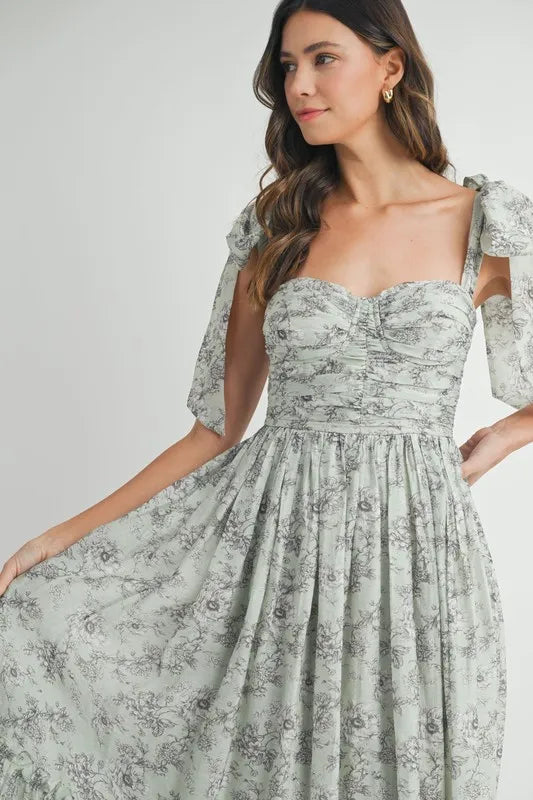 Floral Print Ruched Midi Summer Dress with Shoulder Tie - Women's Elegant Party & Beach Vacation Outfit