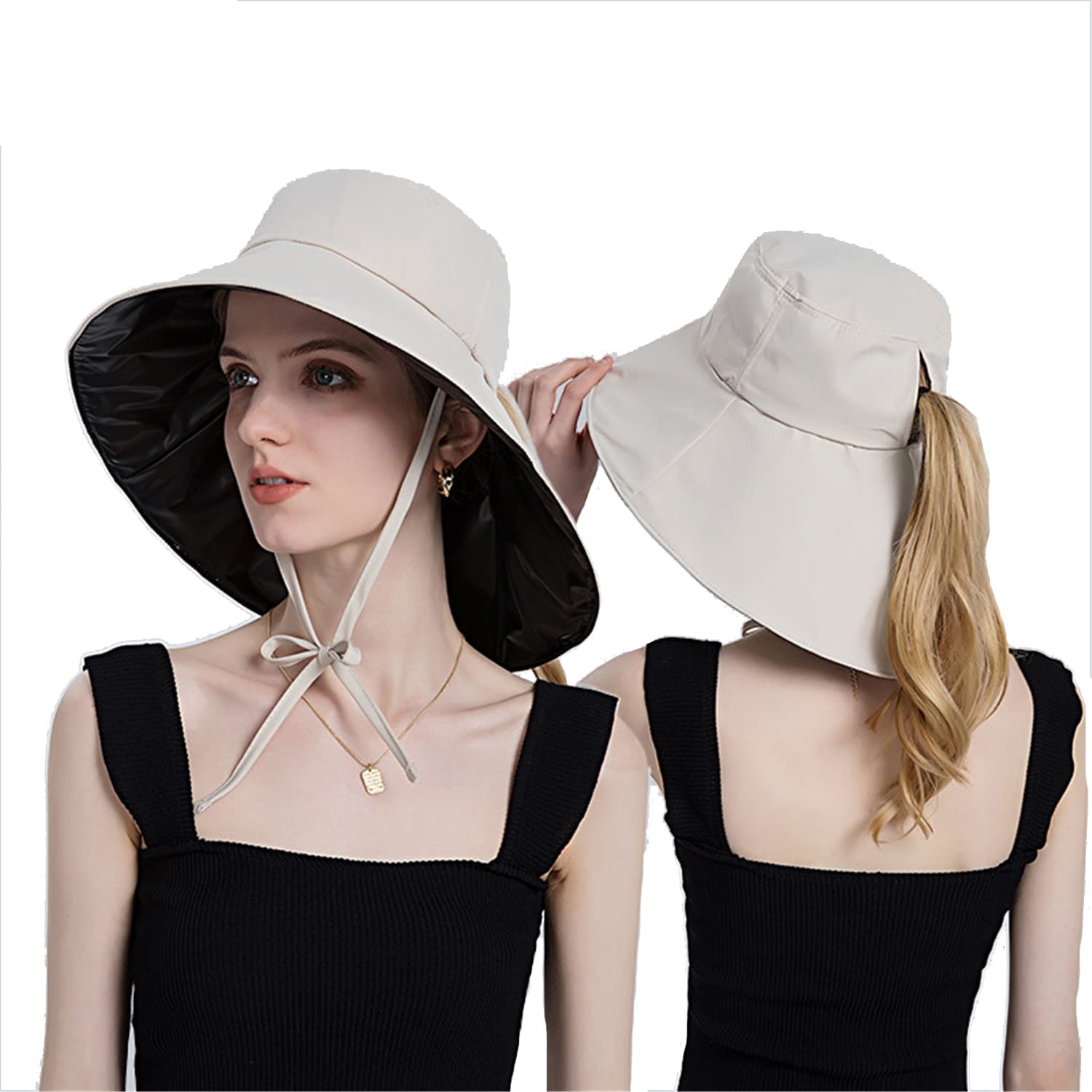 Women's Wide Brim Sun Hat with UPF 50+ UV Protection - Foldable Beach Hat for Outdoor, Travel & Summer Activities - Ponytail Bucket Cap with Sun Protective Coating for Hiking, Gardening & Pool Days