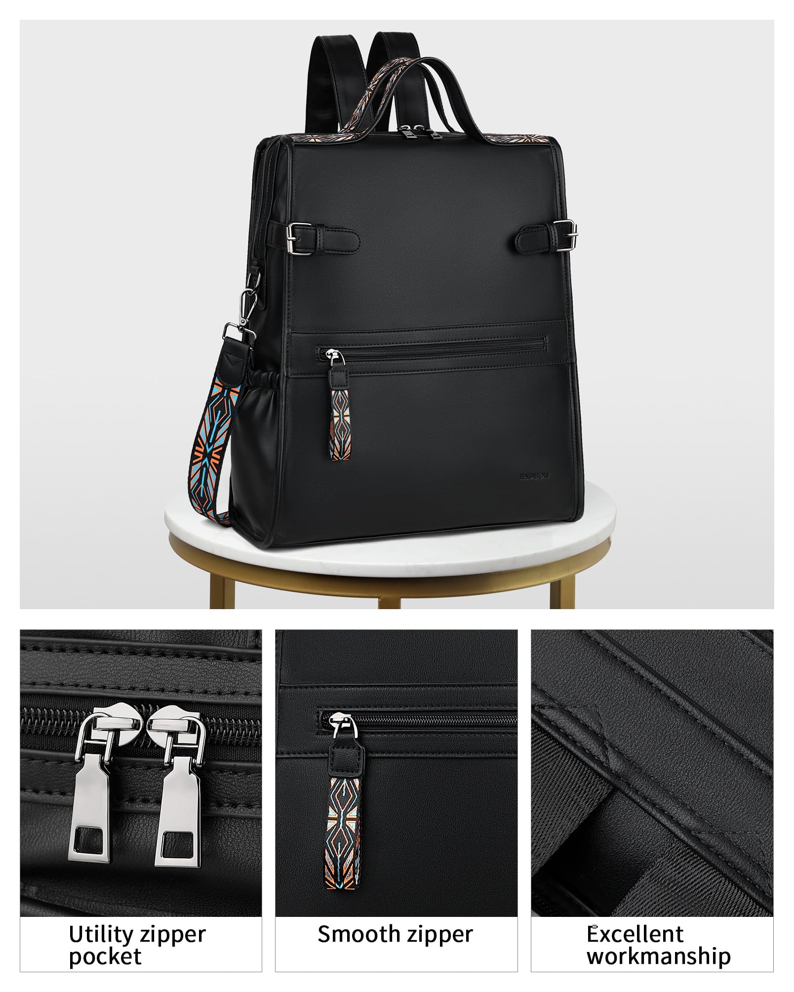 FADEON Women's Leather Laptop Backpack - Stylish Work & Travel Computer Bag with Dedicated Laptop Compartment & Purse Organizer (Black) - Perfect for Business Trips, Commuting & College