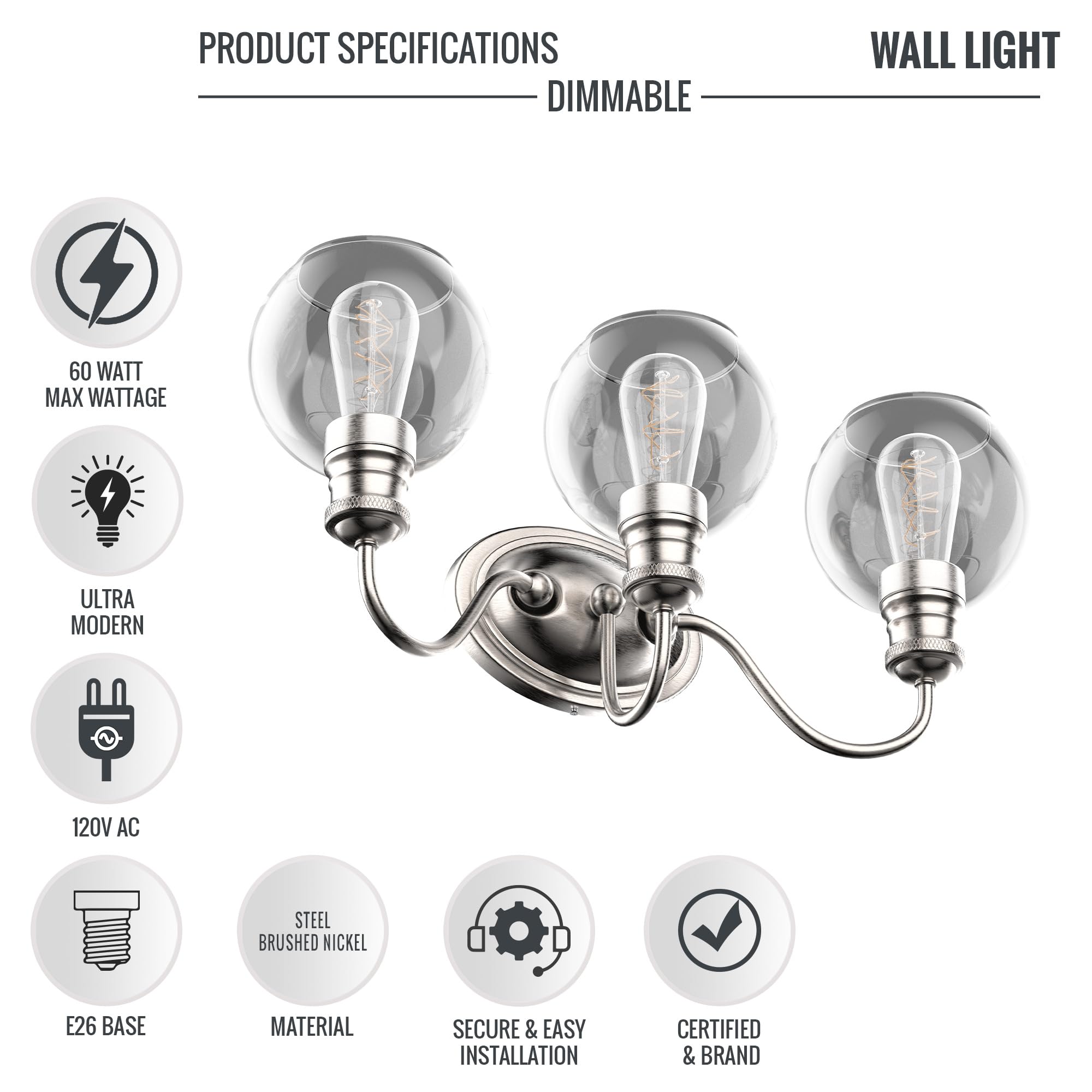 Modern LED Bathroom Vanity Light - 3-Light Brushed Nickel Wall Sconce for Bedroom & Hallway - Clear Glass Shade, E26 Base (Bulb Not Included) - Perfect for Mirror Lighting & Indoor Decor