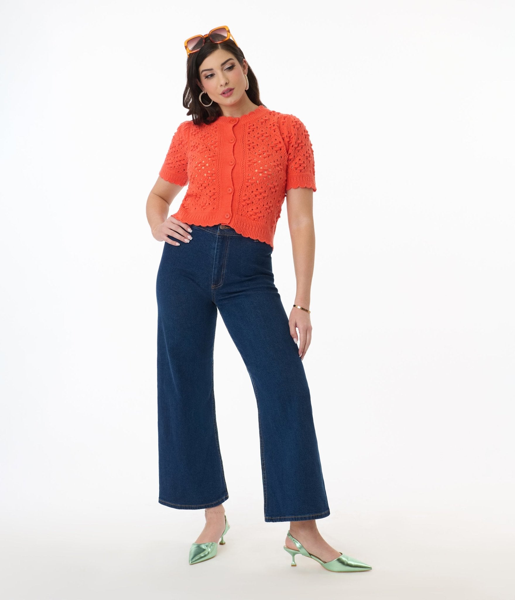 Orange Cropped Pointelle Cardigan for Women - Soft Knit Lightweight Sweater - Perfect for Spring & Summer Layering, Casual Outfits, and Office Wear