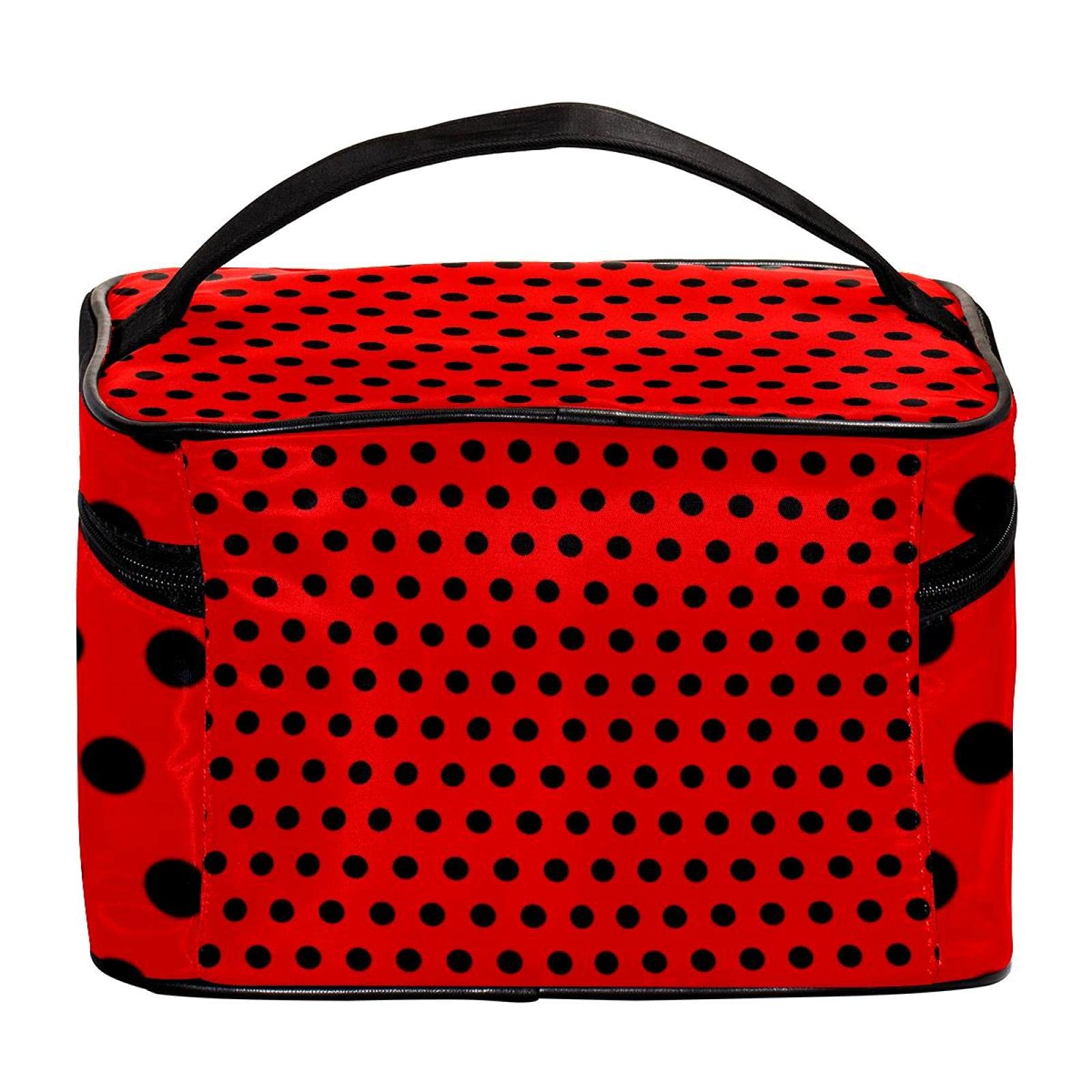 Black Polka Dots Red Pattern Large Travel Makeup Bag - Waterproof Cosmetic Organizer Case with Zipper for Women & Girls - Perfect for Vacation, Gym, and Daily Essentials Storage