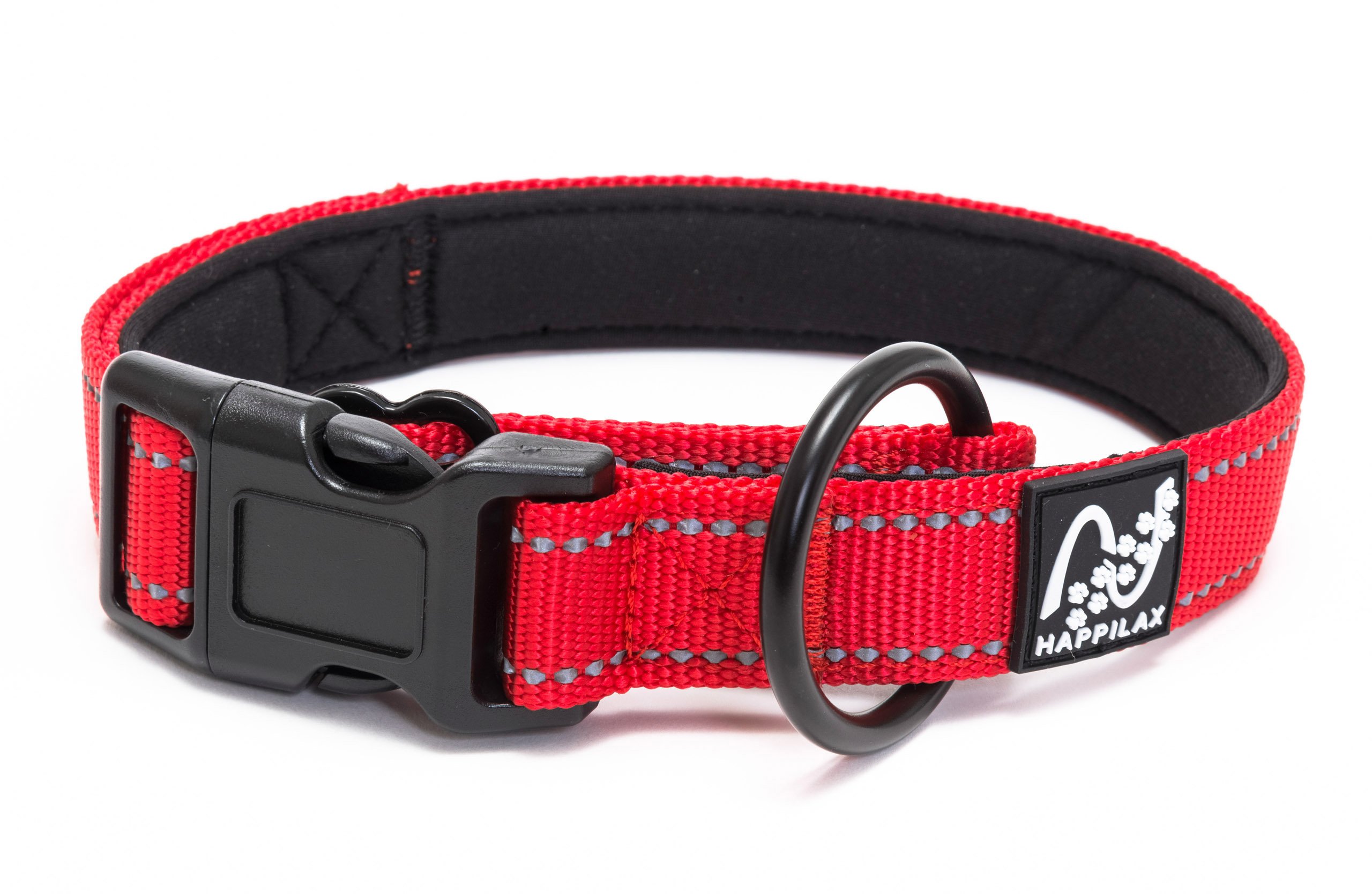 Happilax Adjustable Reflective Padded Dog Collar with Buckle - Comfortable Strain Relief for Small Dogs (12-14 inch Neck Size, Red) - Perfect for Night Walks, Training & Outdoor Adventures