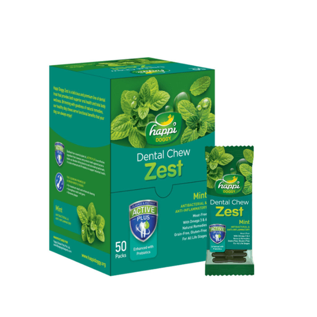 Happi Doggy Dental Chew Zest - 50 Pack Natural Grain-Free Dog Treats, 4 Inch Regular Size, 25g Each | Meat-Free, Gluten-Free | Promotes Oral Health & Fresh Breath for Dogs | Perfect for Daily Teeth Cleaning & Training Rewards