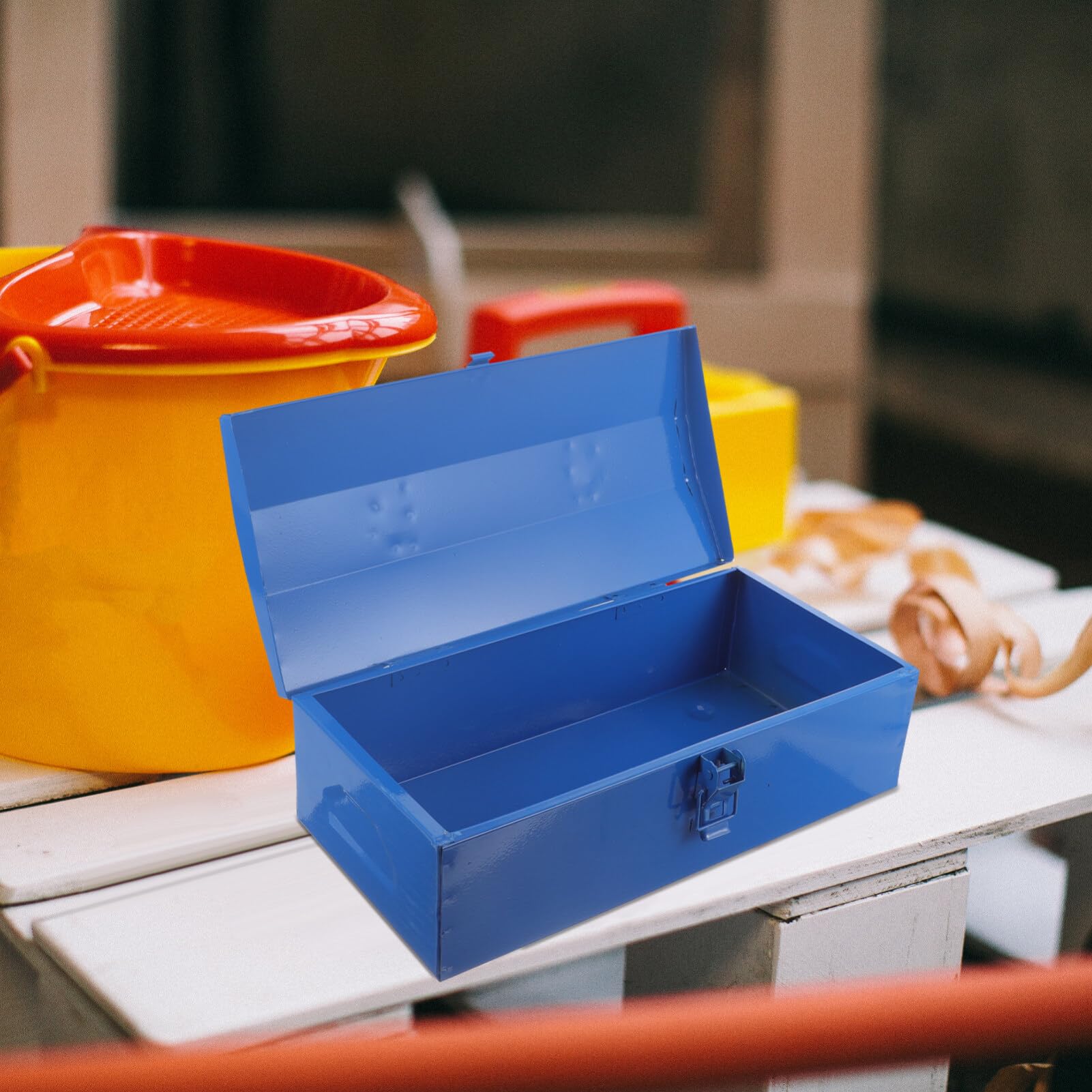 DOITOOL Small Metal Tool Box - Portable Steel Tool Organizer with Hip Roof Design & Secure Metal Latch | Compact 13.95x6.68x4.52 Inch Blue Tool Storage Box for DIY, Home Repair, Car Maintenance & Workshop Organization