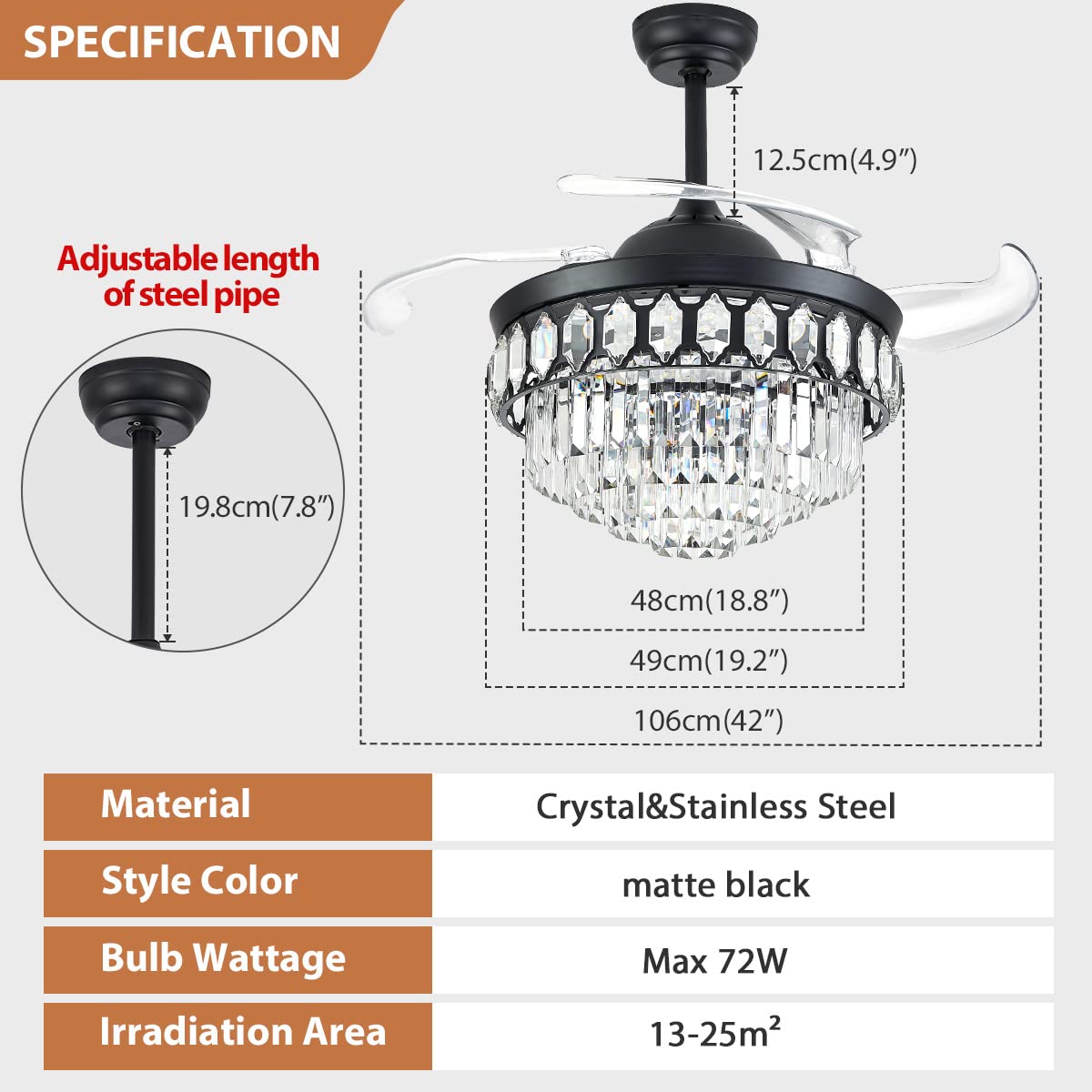 CLAIRDAI 42 Inch Retractable Crystal Ceiling Fan with Light - Dimmable LED Chandelier Fan, 6 Speed Settings & 3 Lighting Modes, Memory Function - Perfect for Living Room, Bedroom, and Dining Room Decor
