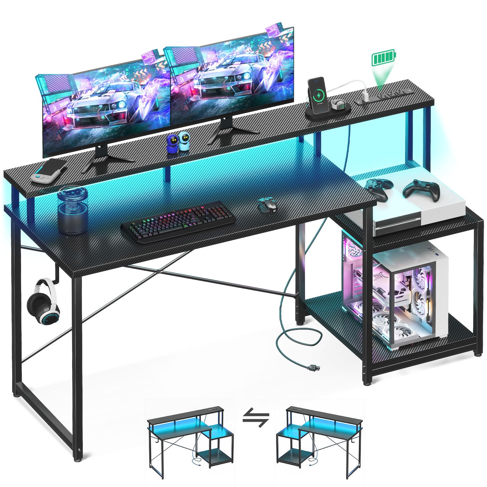 AODK 56 Inch Gaming Computer Desk with LED Lights & Power Outlet, Carbon Fiber Black - Office Desk with Monitor Shelf, Headphone Hook & Printer Storage Shelves - Perfect for Home Office, Gaming Setup and Workstation