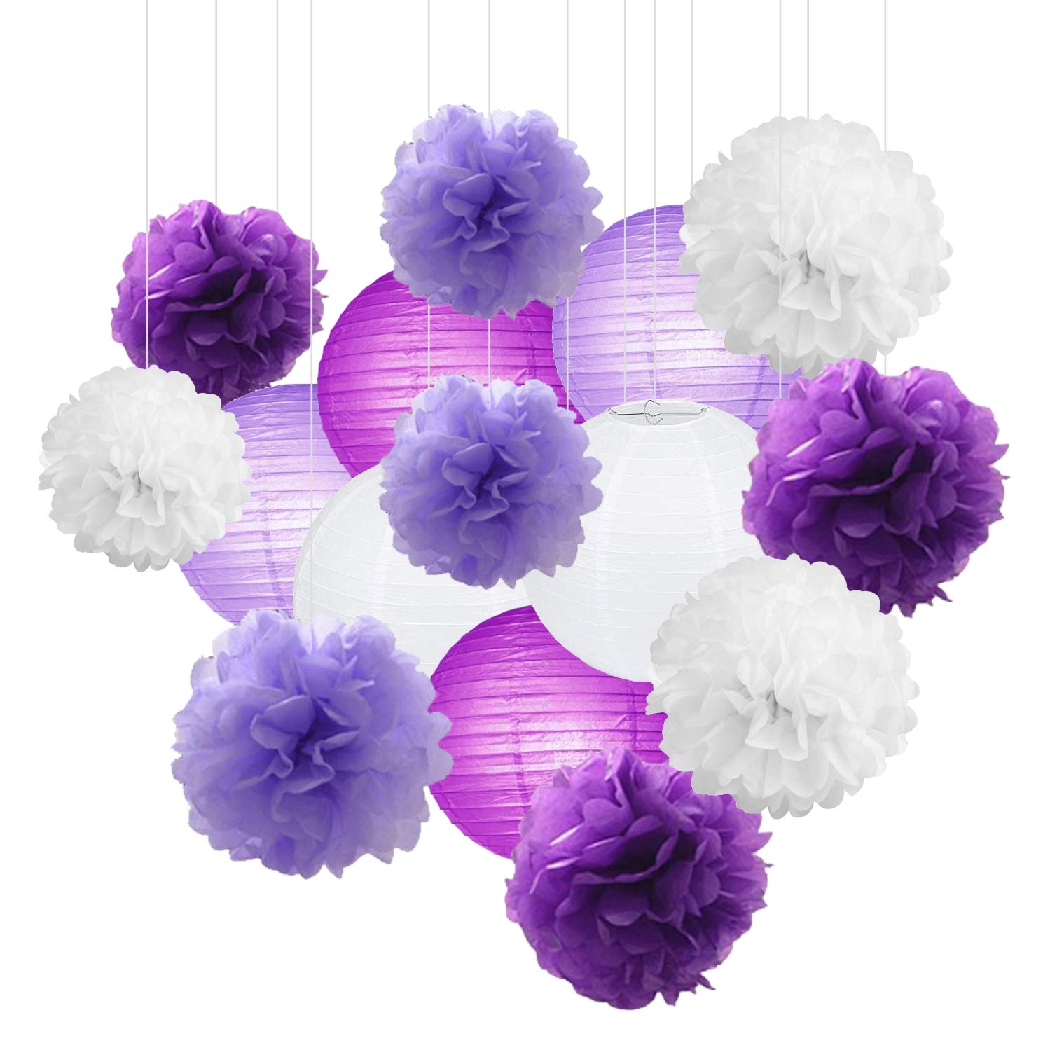 15Pcs White & Purple Party Decoration Paper Lanterns & Pom Poms - Hanging Decor for Baby Shower, Birthday, Wedding, Bridal Shower, Graduation - Perfect for Home Decor & Party Backdrop