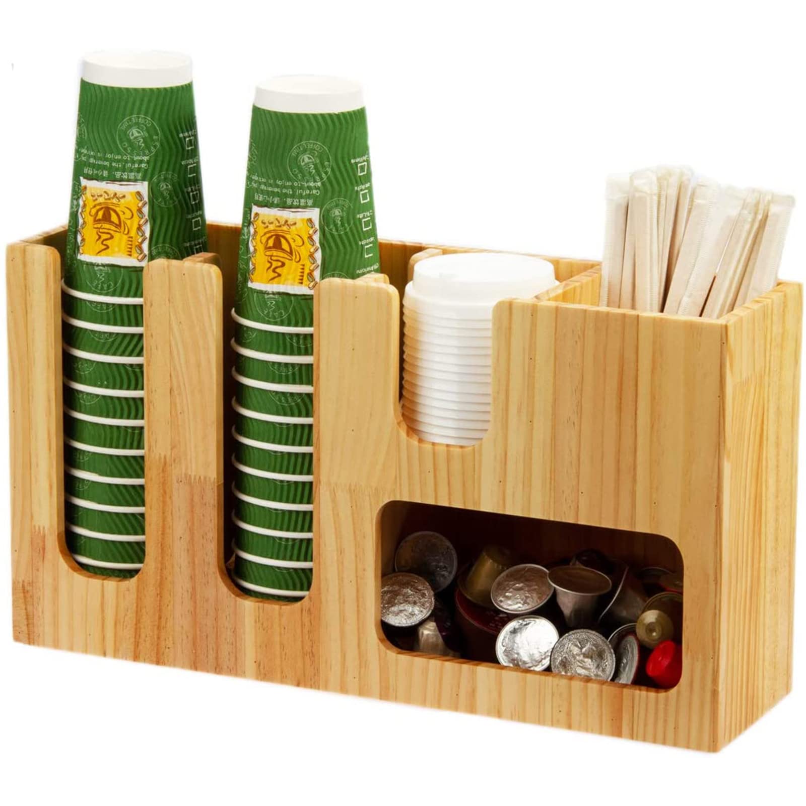 Stackable Cup & Lid Organizer with Coffee Condiment Storage - Wooden Breakroom Organizer for Coffee Pods, Tea Bags & Disposable Cups | Perfect for Office, Kitchen & Pantry Organization