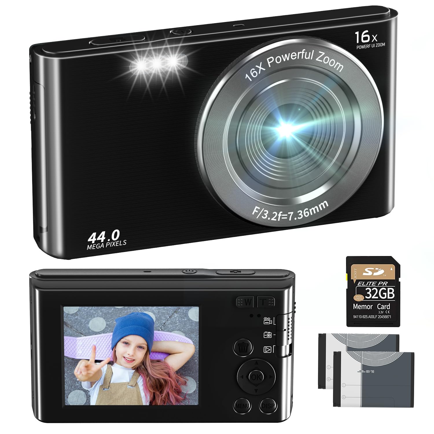 NIKICAM Kids Digital Camera 2.7K 44MP with 32GB SD Card - 2.4 Inch Point and Shoot Camera with 16X Digital Zoom - Compact Camera for Teens, Students, Boys & Girls - Perfect for Travel, Birthday Gifts & School Projects (Black)