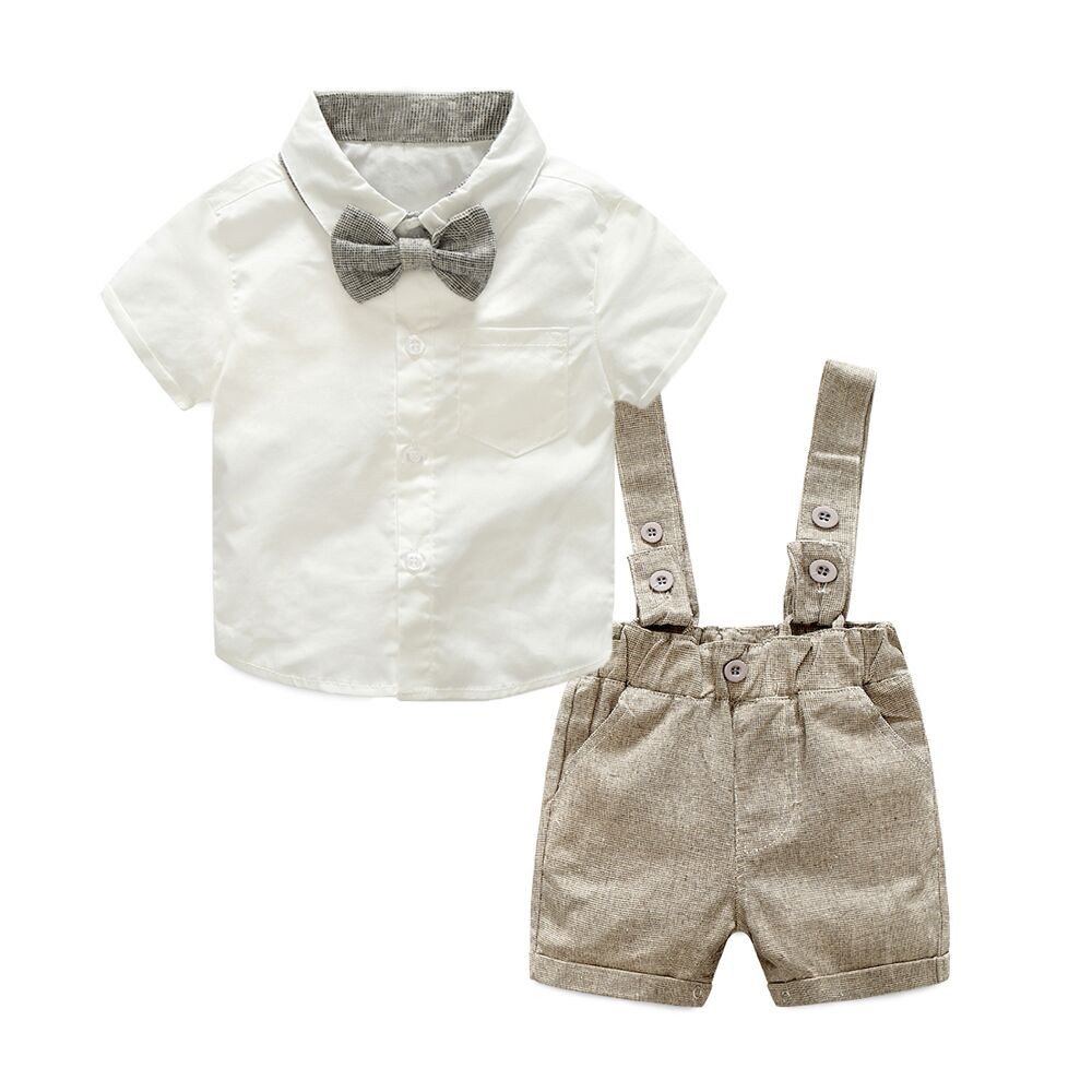 Stylish Baby Boys Summer Cotton Bowtie Shirt & Suspenders Outfit Set - Gentleman Short Sleeve Shirt & Shorts Combo - Perfect for Photoshoots, Parties & Special Occasions