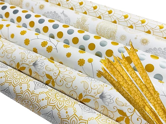 QUAKEL (QKL-05) Premium Gift Wrapping Paper Roll - 5 Sheets Mix Design with 5 Ribbons & 5 Stickers - Christmas Birthday Holiday Present Wrapping Paper for Gifts, Parties, Weddings & Special Occasions