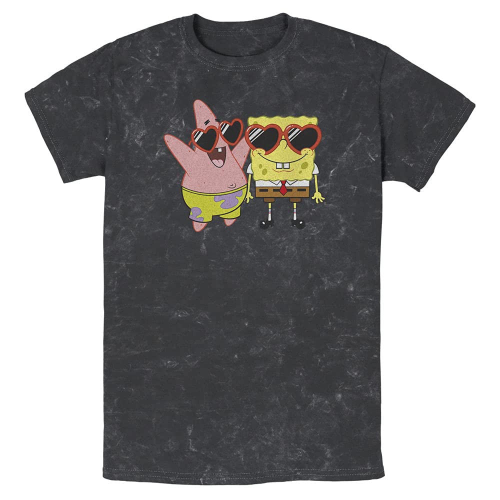 SpongeBob SquarePants & Patrick Star Heart Glasses Men's Graphic T-Shirt - Soft Cotton Wash Tee for Casual Wear, Gifts & Nickelodeon Fan Merch