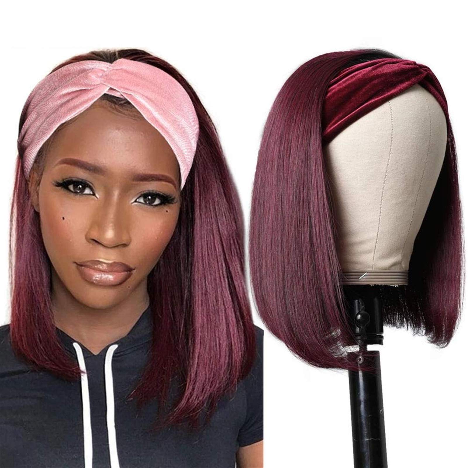 PIAOLIGN Human Hair Wig Headband - 1B/99J Straight Bob Machine Made Wig with 150% Density, No Lace Front - Perfect for Women (14 Inch, 180% Density) | Great for Daily Wear, Cosplay, and Special Occasions