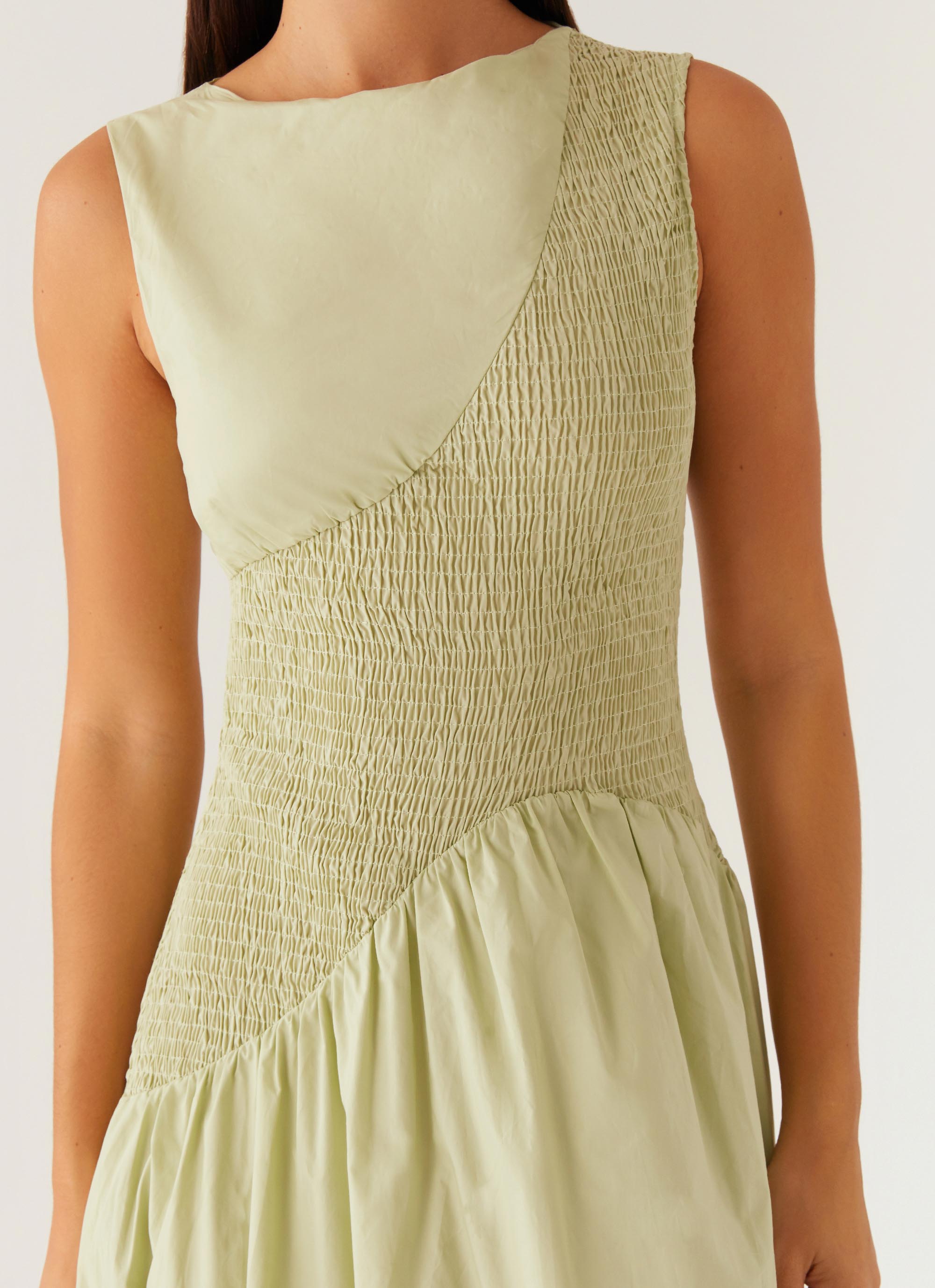 Altitude Shirred Maxi Dress in Pastel Green - Flowy Summer Boho Dress for Beach, Vacation & Casual Outings