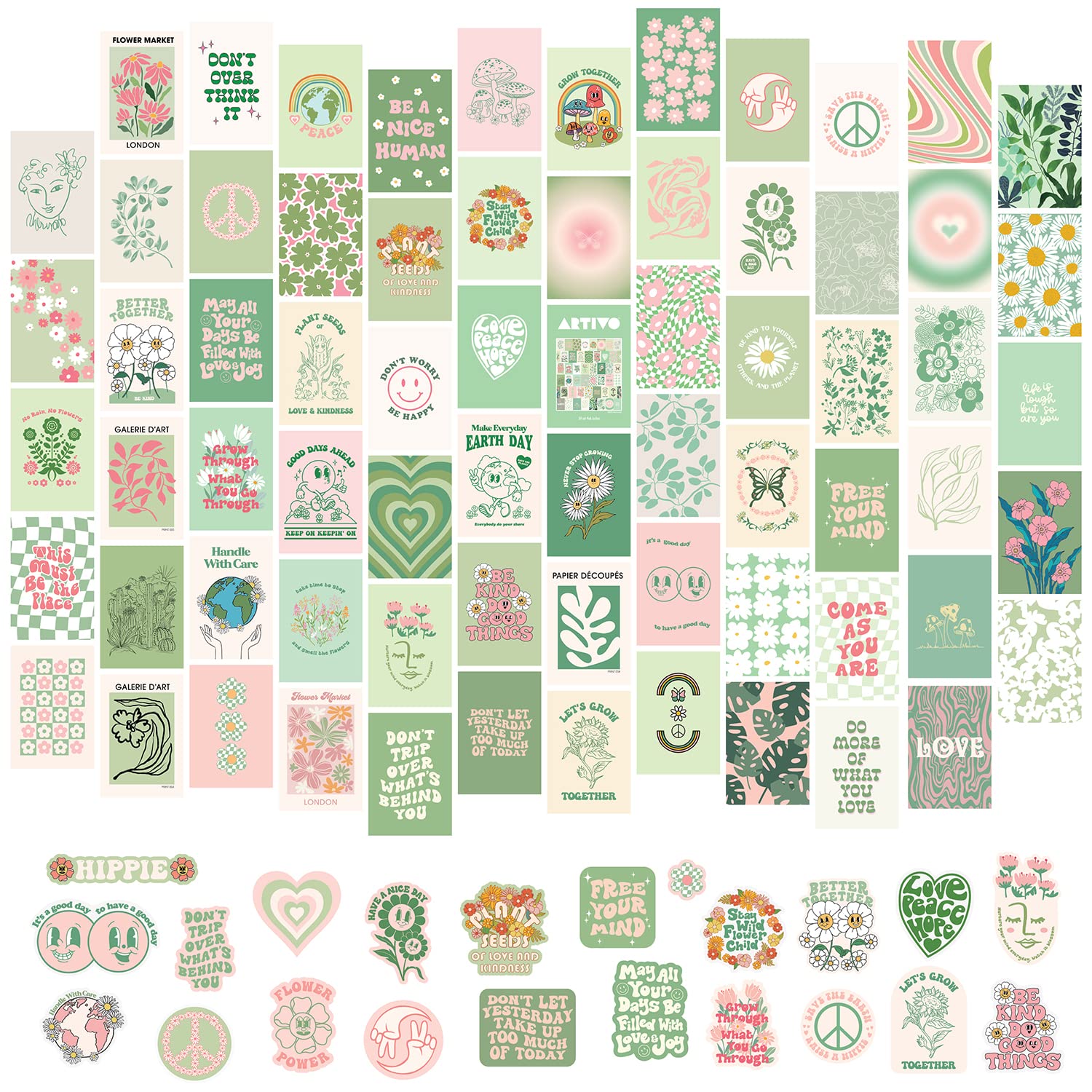 Artivo Green Wall Collage Kit - 70-Piece Aesthetic Picture Set in Danish Pastel Colors, Sage Green & Pink Room Decor for Dorm, Teen Bedroom & Home Office | Perfect for Instagram Photos, TikTok Backgrounds & Creative Wall Displays