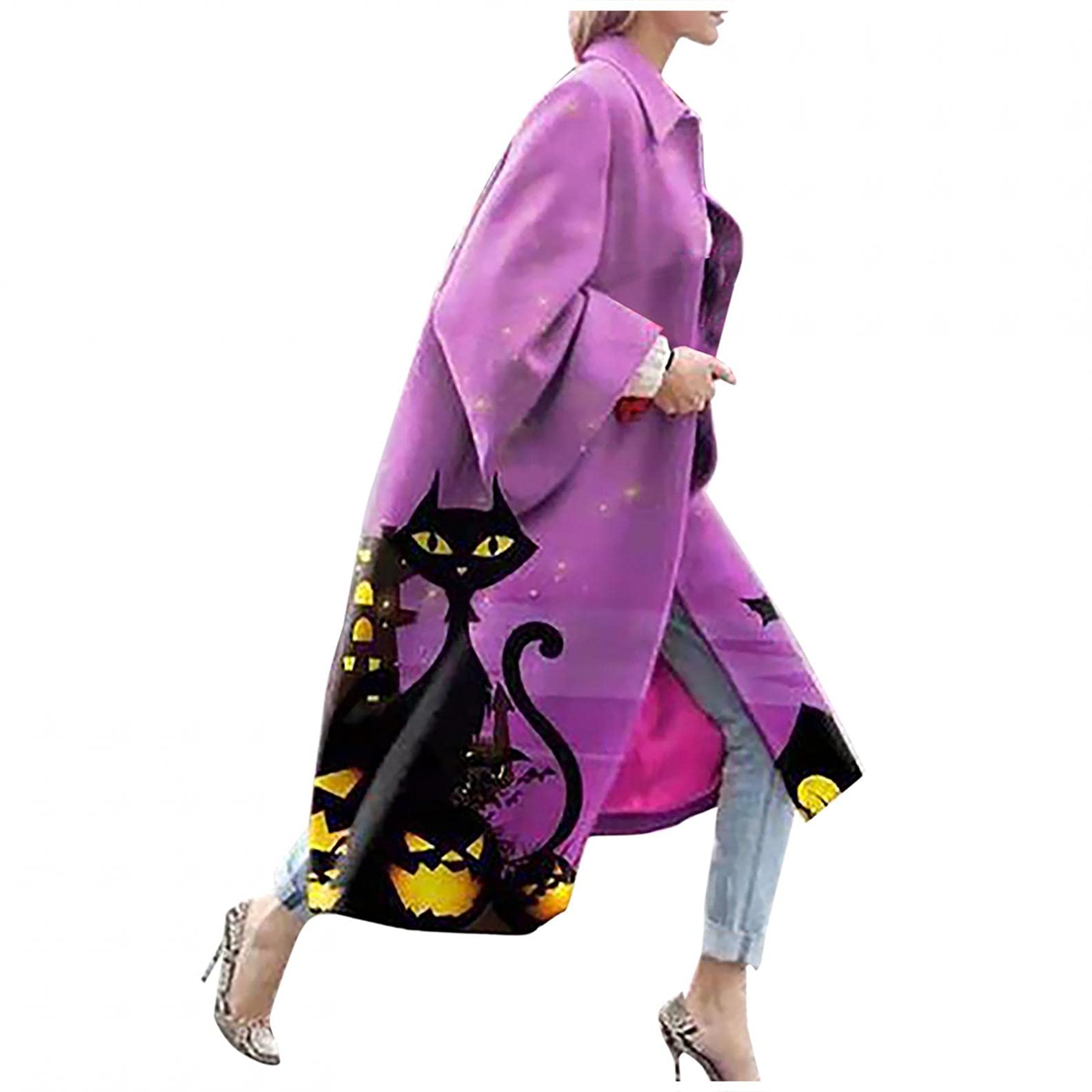 Women's Oversized Winter Coats - Long Sleeve Vintage Printed Trench Coat with Pockets | Warm Jacket for Cold Weather, Casual Outfits & Street Style Fashion