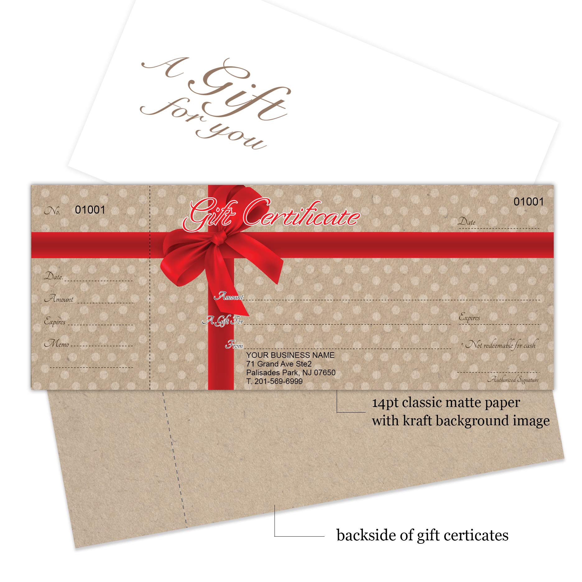 Custom Gift Certificate Cards with Envelopes - 100 Pack Red Ribbon Dot Design - Perfect for Small Business Gifts, Rewards & Loyalty Programs | Office, Retail & Hospitality Use