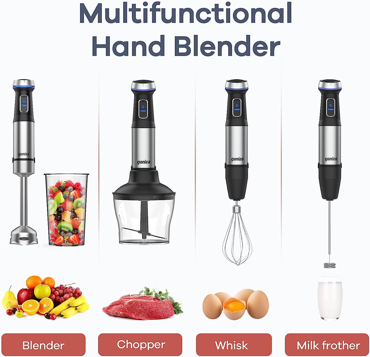 Ganiza 800W Immersion Blender - 15 Speed Electric Hand Blender with Turbo Mode, Stainless Steel Blade, 5-in-1 Stick Mixer (Milk Frother, Egg Whisk, Chopper & Beaker Included) - Perfect for Smoothies, Soups, Sauces & Baking at Home