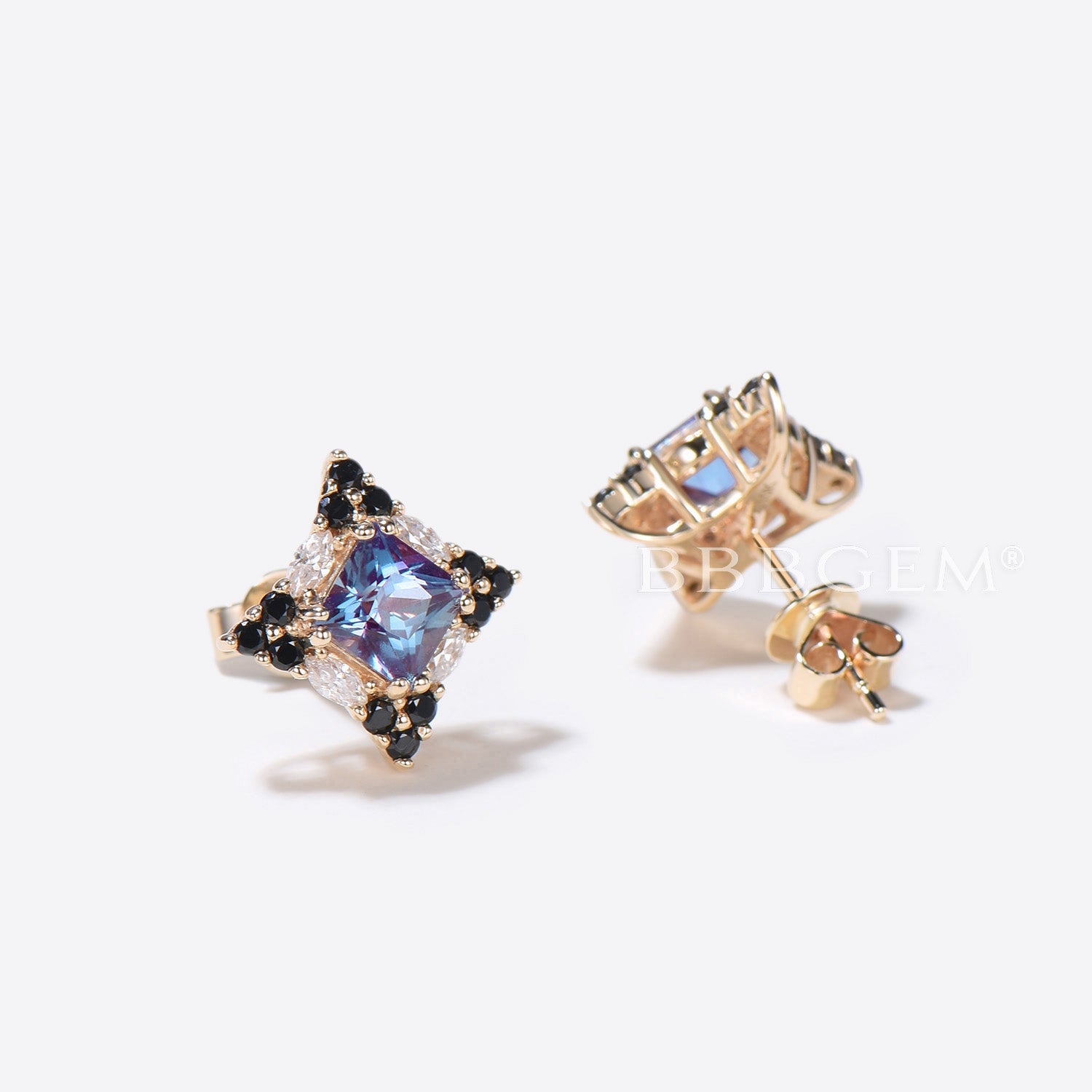 Princess Cut Alexandrite Stud Earrings with Halo Moissanite - Elegant Birthstone Jewelry for Women, Perfect for Weddings, Anniversaries & Special Occasions