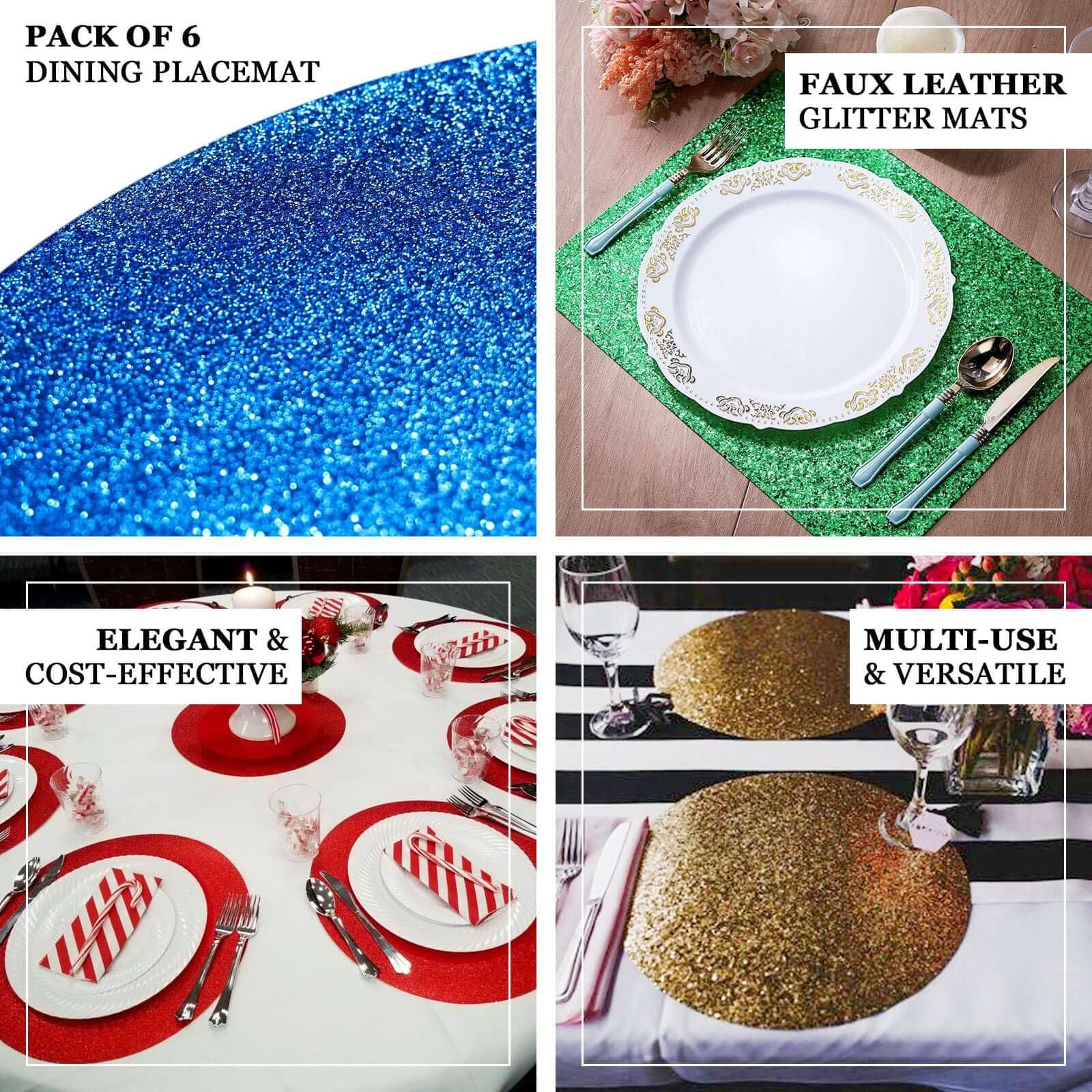 Efavormart 6 Pack Non-Slip Round Faux Leather Glitter Placemats - Royal Blue for Wedding, Banquet, Party, Kitchen & Dining Table Decor | Waterproof & Heat-Resistant for Everyday Use, Holiday Gatherings & Special Events
