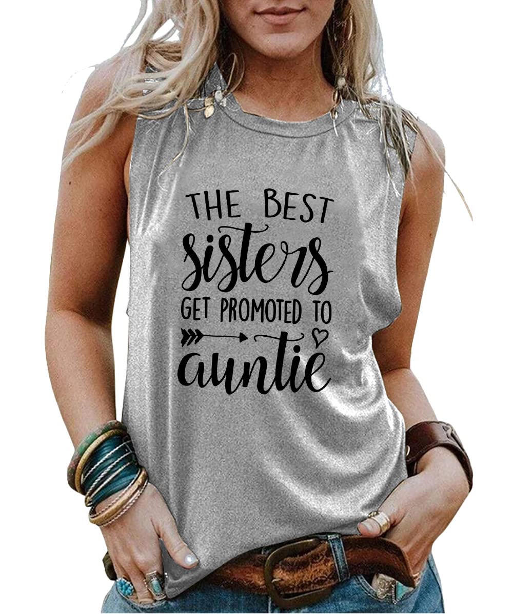 Best Aunt Shirts for Women - Funny Sisters Promoted to Auntie Graphic Tank Tops - Casual Sleeveless T-Shirts for Family Reunions & Baby Showers
