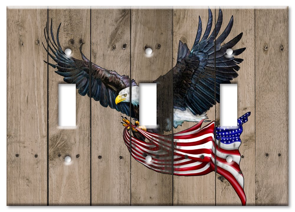 Triple Gang Oversized Toggle Switch Plate - Decorative Metal Wall Plate with Eagle & Flag Design - Made in USA | Perfect for Home, Office & Commercial Decor