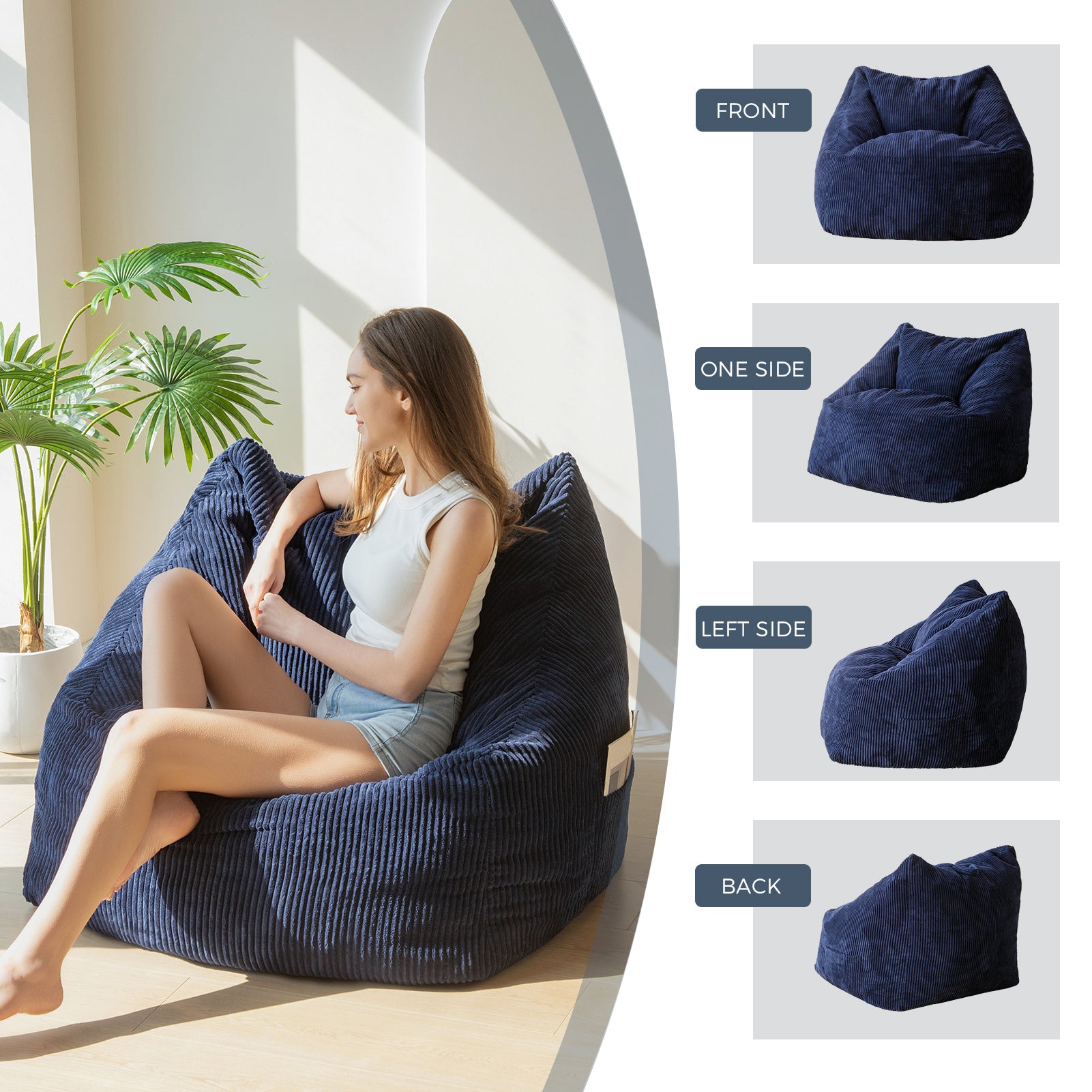 MAXYOYO Bean Bag Chair with Handle - Navy Floor Sofa for Teens, Living Room Accent Chair with Storage Pocket - Perfect for Gaming, Reading & Relaxing in Bedroom, Dorm or Lounge