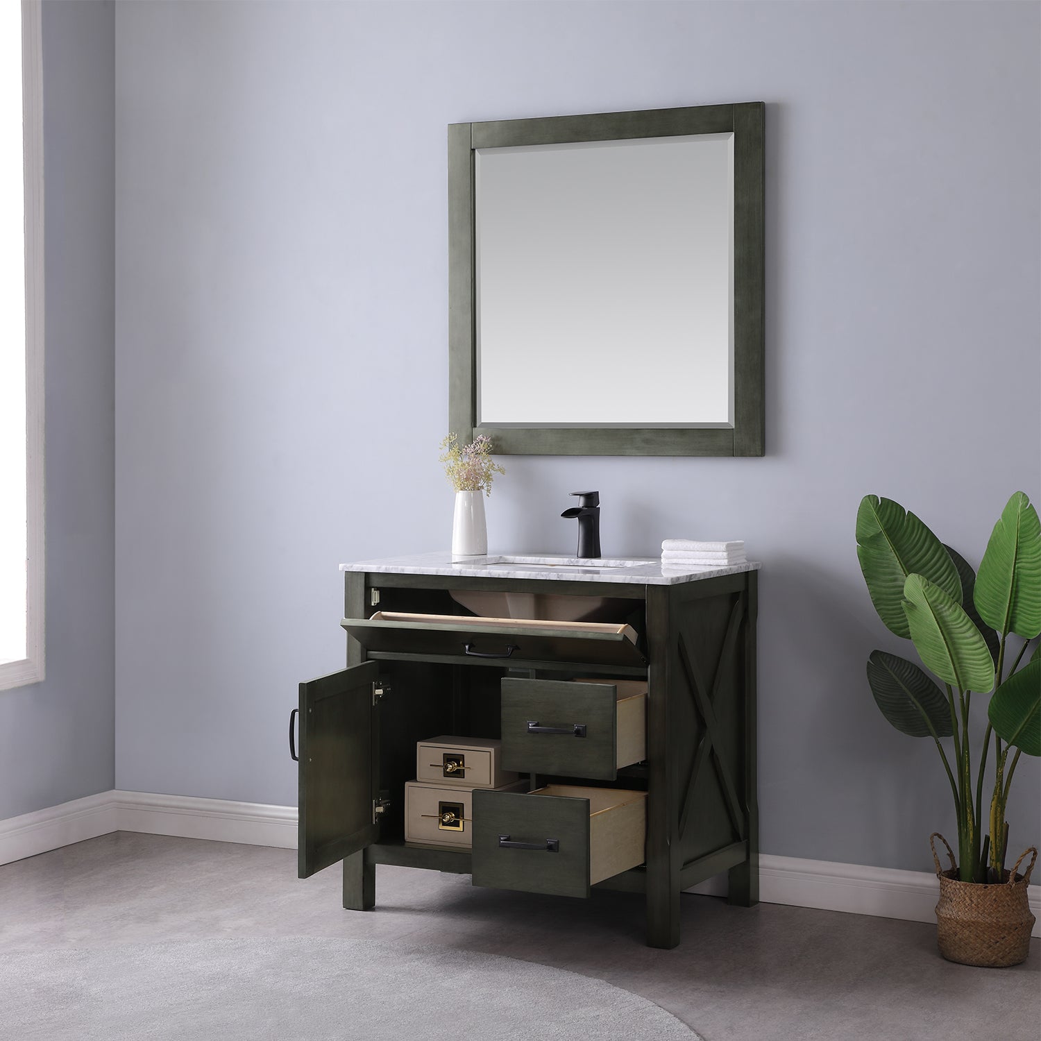 Maribella 36 Inch Single Bathroom Vanity Set with Carrara White Marble Countertop - Modern Sink Cabinet for Small Bathrooms, Powder Rooms & Guest Baths