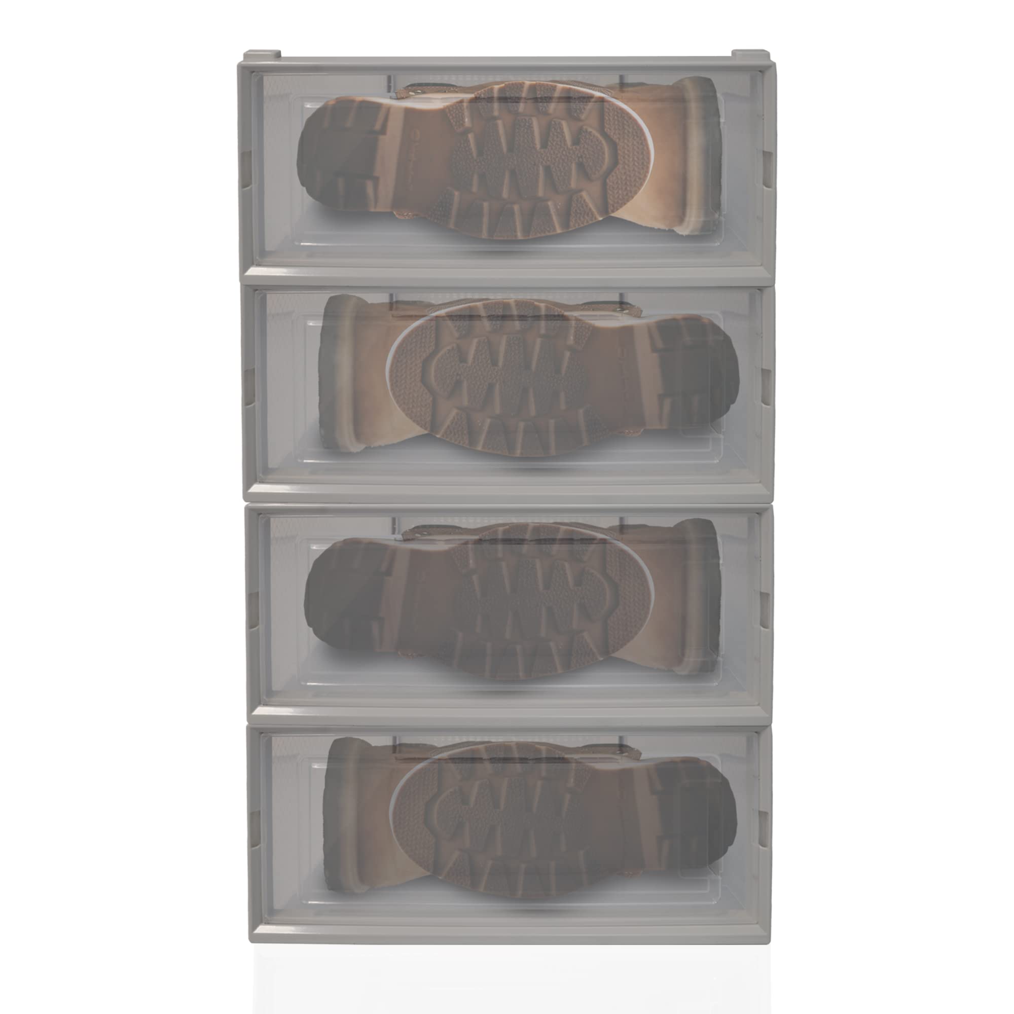 4 Pack Clear Plastic Stackable Shoe Storage Bins - Foldable Drop Front Boot Organizer Box with Breathable Frame for Closet Organization | Perfect for Boots, Sneakers & Seasonal Shoe Storage (White)