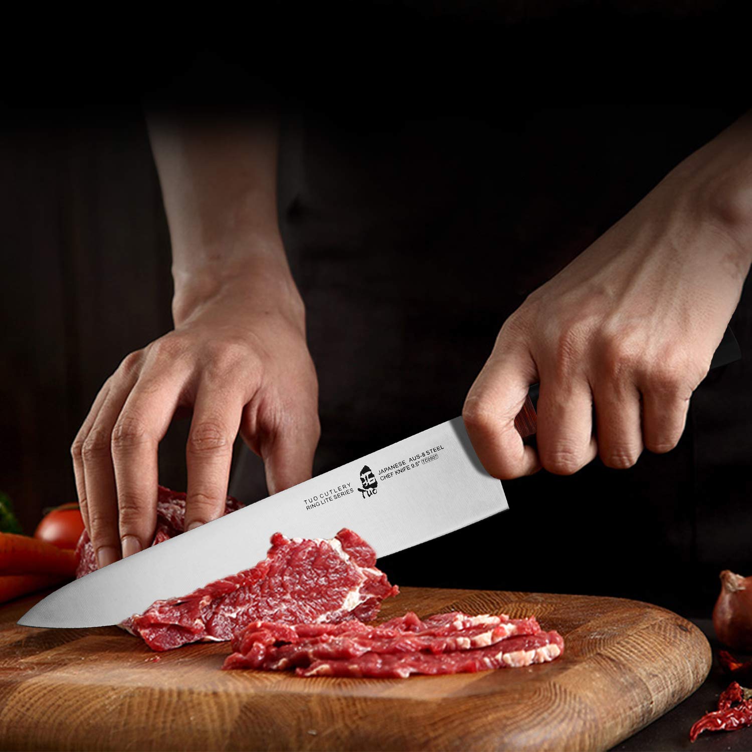 TUO Professional 9.5 Inch Japanese Gyuto Chef Knife - Razor Sharp AUS-8 Stainless Steel Kitchen Knife for Slicing, Dicing Vegetables, Fruits & Meat - Ergonomic Handle with Gift Box (Ring Lite Series) - Perfect for Home Chefs, Professional Kitchens & Cooking Enthusiasts