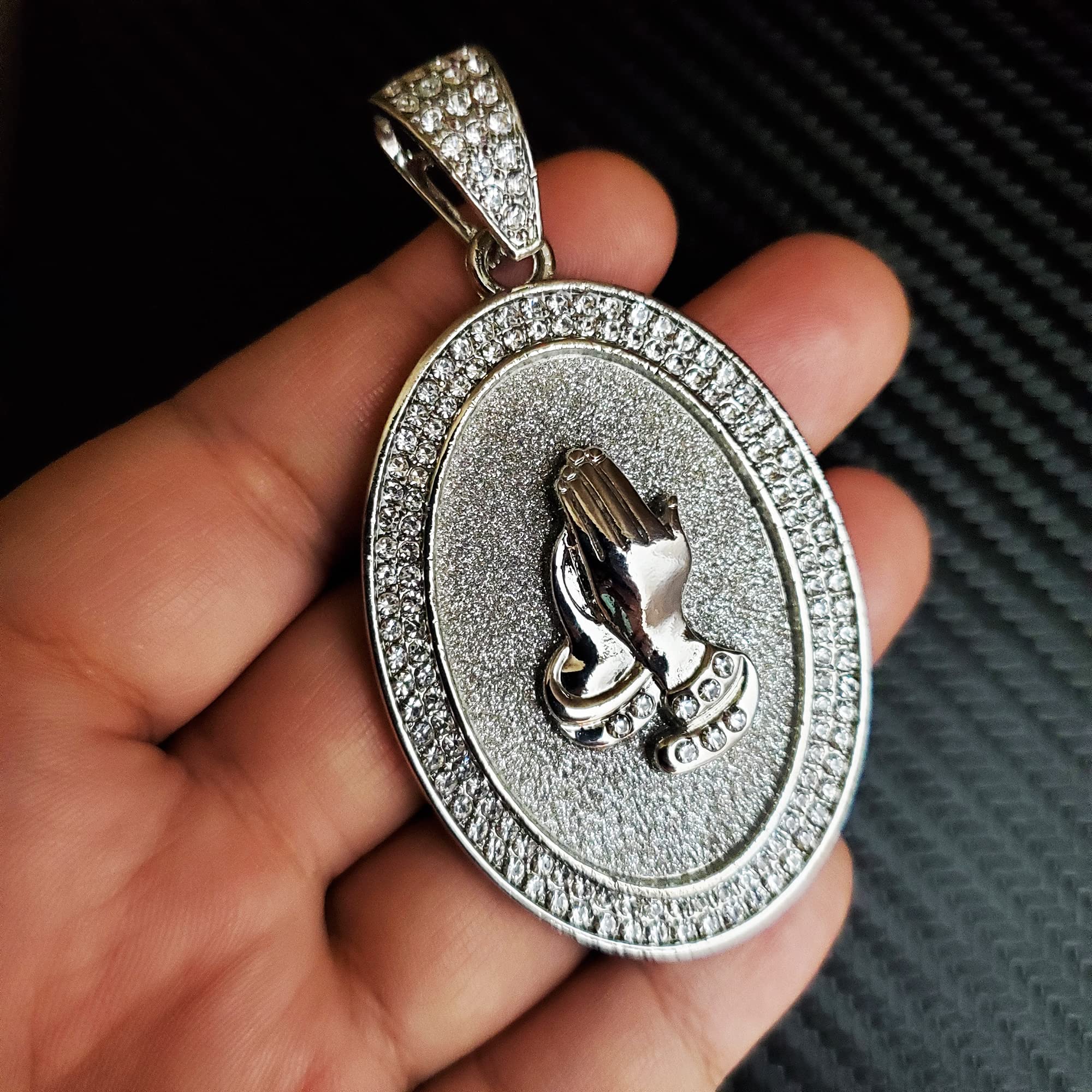 White Gold Plated Praying Hands Oval Pendant with 10mm Iced Baguette Chain Necklace - 18