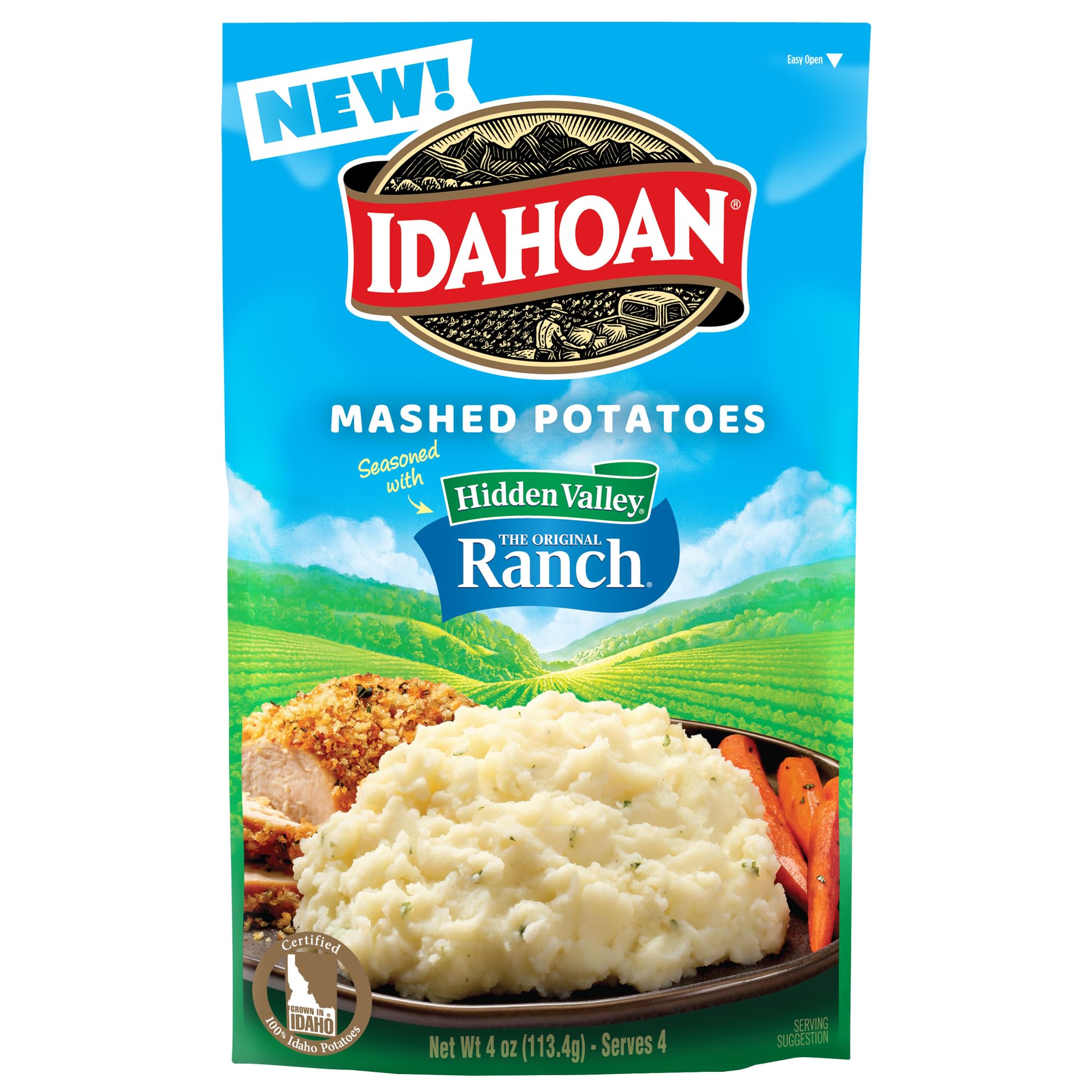 Idahoan Mashed Potatoes with Hidden Valley Original Ranch Seasoning - 4 oz (Pack of 12) | Instant Potato Flakes for Easy Meals, Camping & Quick Side Dishes