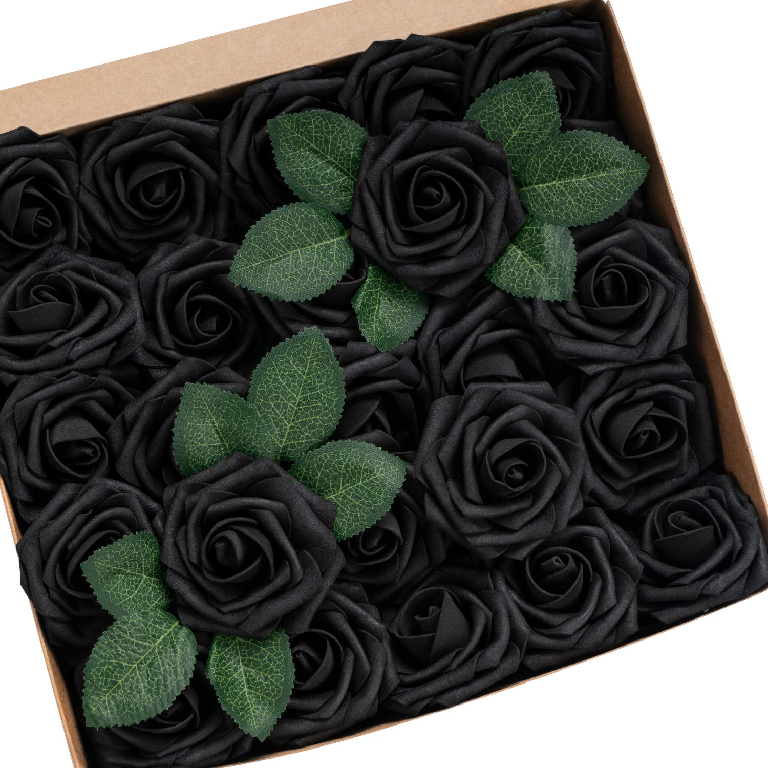 Jelofly 50pcs Realistic Black Artificial Roses with Stems - Lifelike Foam Flowers for DIY Wedding Bouquets, Centerpieces, Baby Shower Decor, Home & Party Decoration | Perfect for Romantic Events, Table Arrangements, and Gift Wrapping