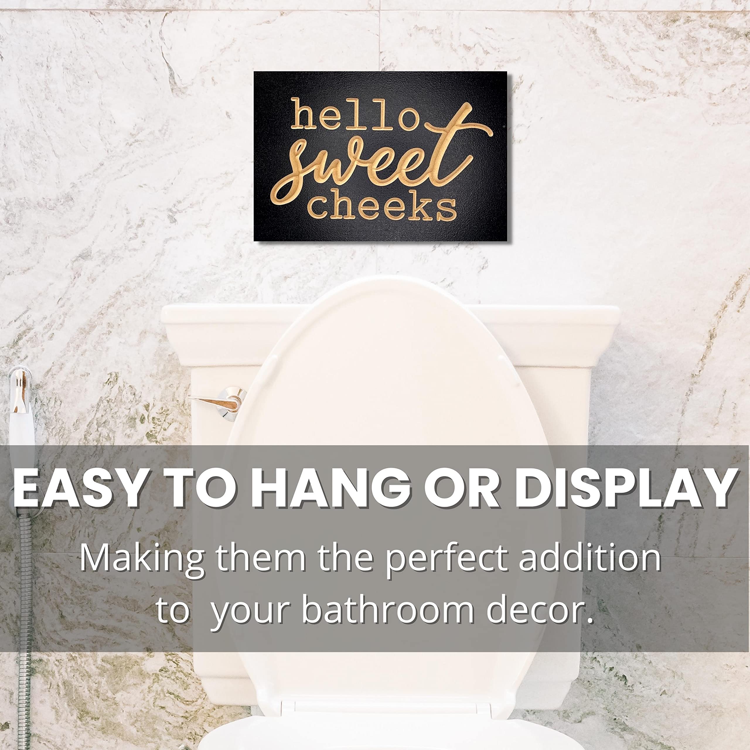 Hello Sweet Cheeks Bathroom Sign - 6x9 Inch Wooden Funny Half Bathroom Decor - Powder Room & Guest Bath Door Sign - Black Above Toilet Wall Art by True Stock Studios - Perfect for Farmhouse, Rustic & Modern Bathroom Decor Styles
