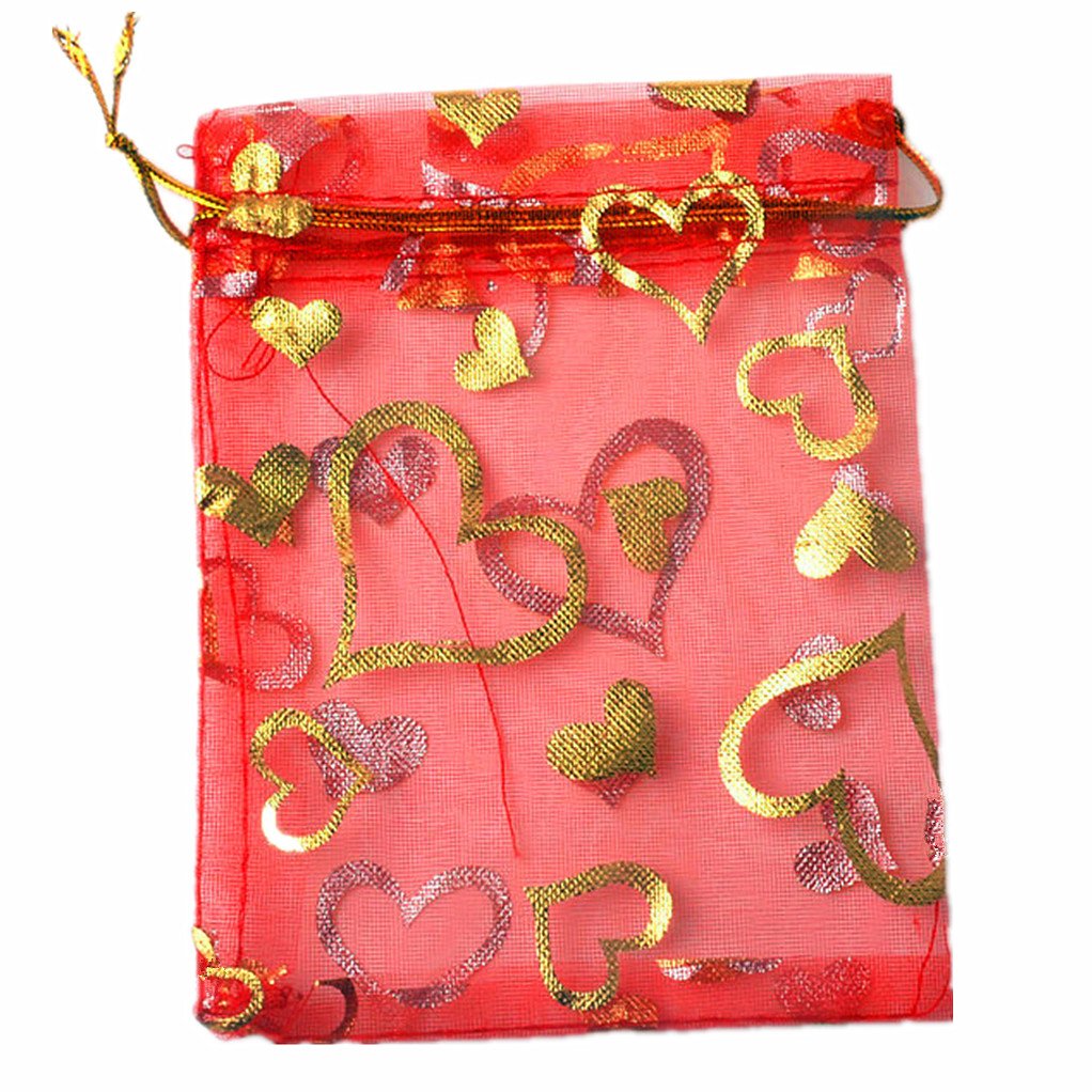 100pcs Red Organza Wedding Favor Bags 3x4 Inches - Heart Pattern Sheer Drawstring Pouches for Jewelry, Christmas Party Gifts, Bridal Shower Favors & Birthday Party Decorations