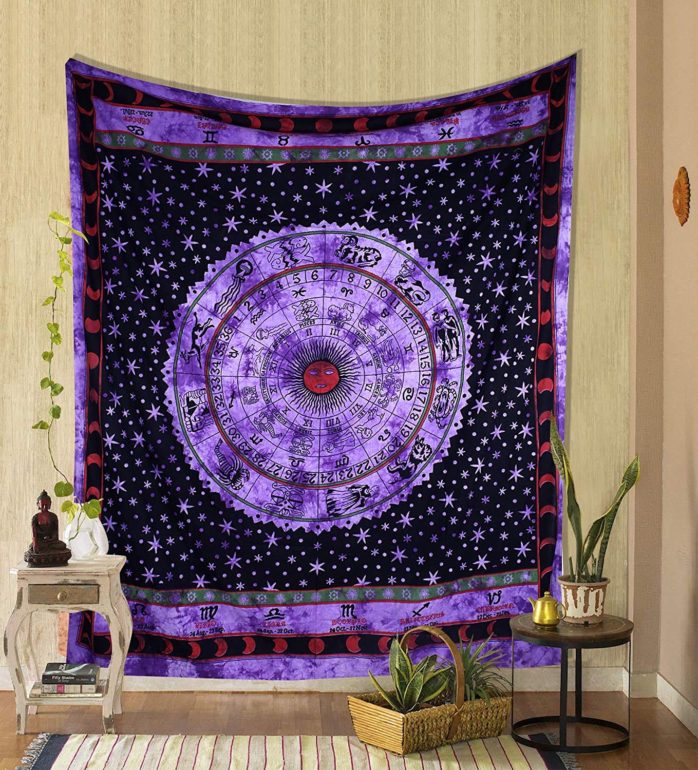 Bohemian Moon Tapestry - 53x59 Inch Purple Hippie Wall Hanging for Bedroom & Living Room Decor | Aesthetic Boho Room Decor for Teen Girls, Beach Blanket & Trippy Moon Art | Perfect for Dorm, Yoga Studio & Festival Decor