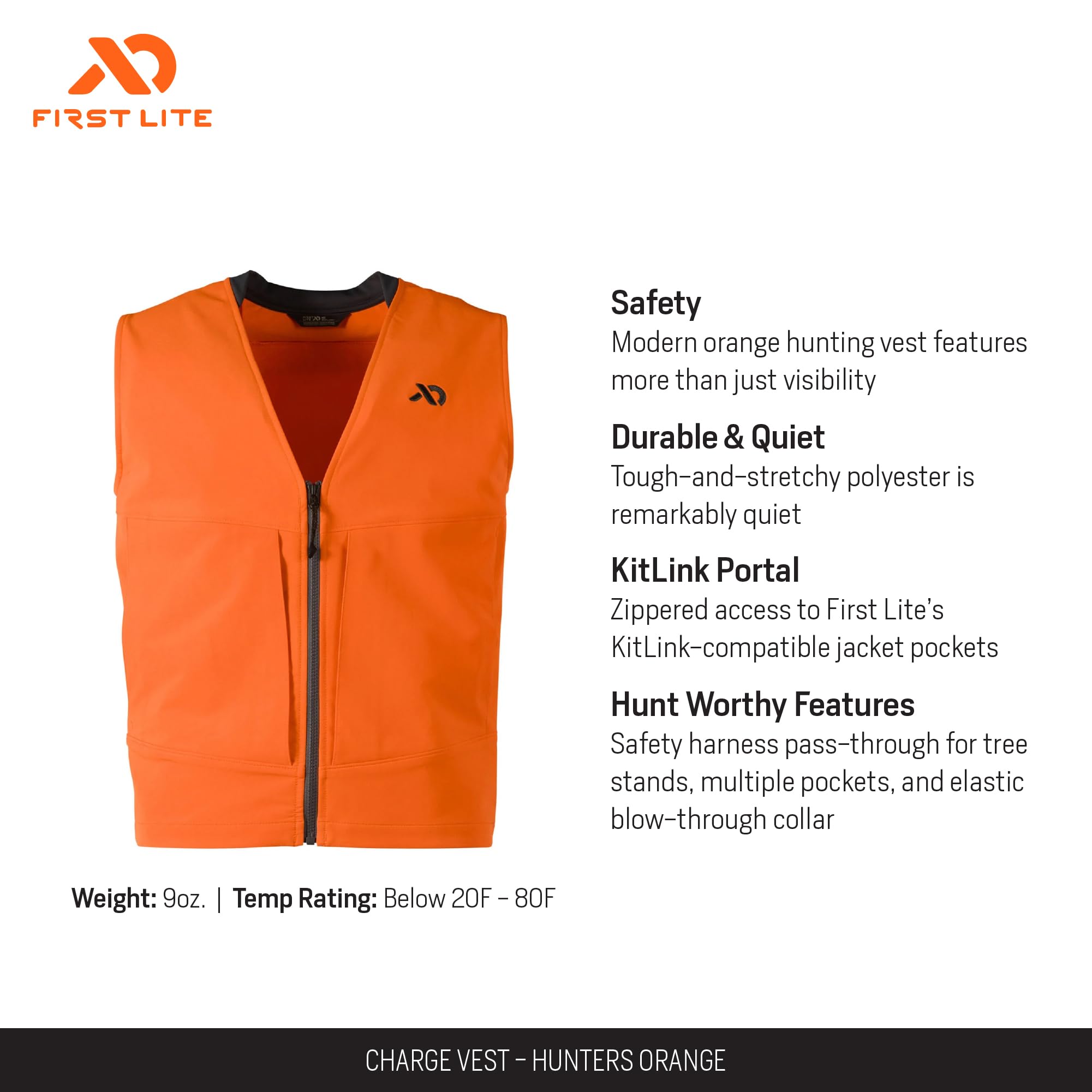 First Lite Men's Charge Hunters Orange Vest - Lightweight High-Visibility Hunting Vest for Safety & Comfort | Perfect for Deer Hunting, Turkey Hunting & Outdoor Adventures