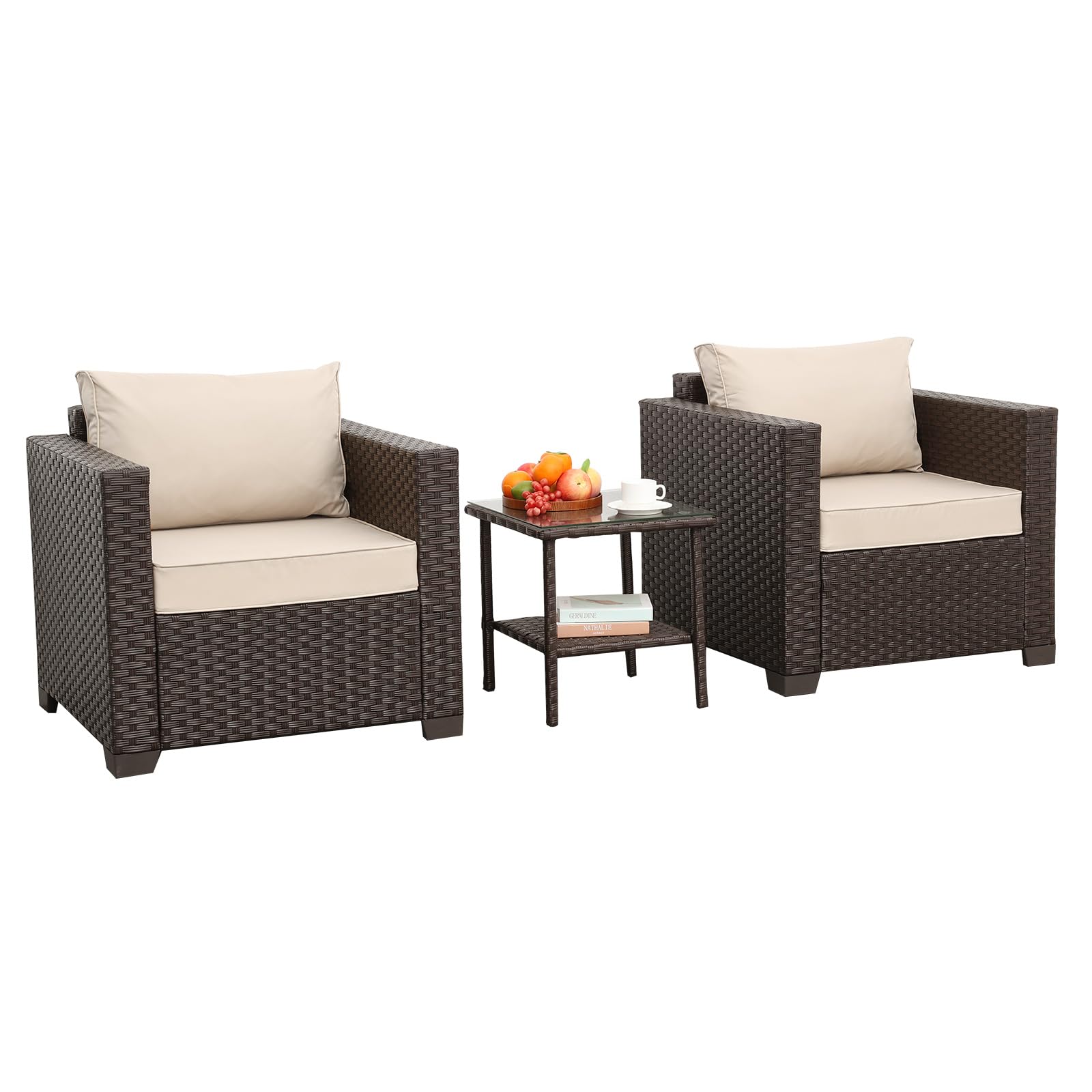Rattan Outdoor Furniture Set - 3-Piece Patio Club Chair & Glass End Table with Anti-Slip Cushions & Waterproof Cover, Khaki - Perfect for Garden, Poolside, and Backyard Relaxation