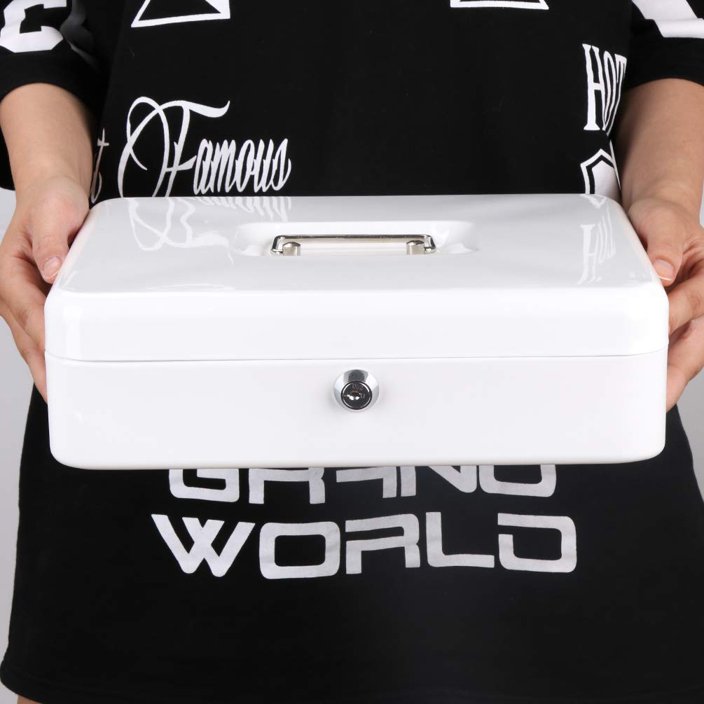 Heavy Duty Metal Cash Box with Key Lock - Large Money Storage Box with 5 Compartments & 4 Bill Clips (11.8